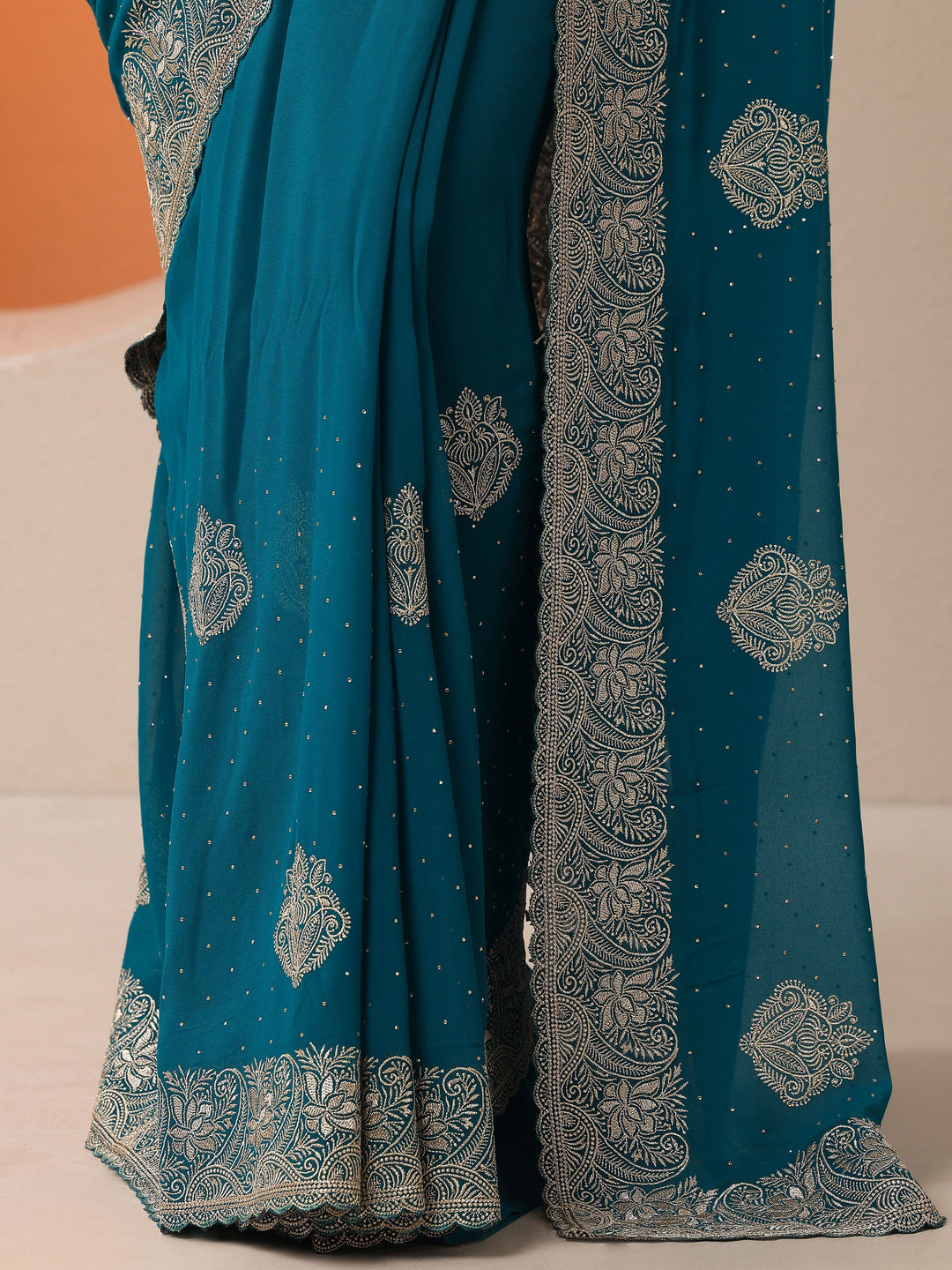  Blue Embroidered Georgette Saree With Unstitched Blouse Piece 