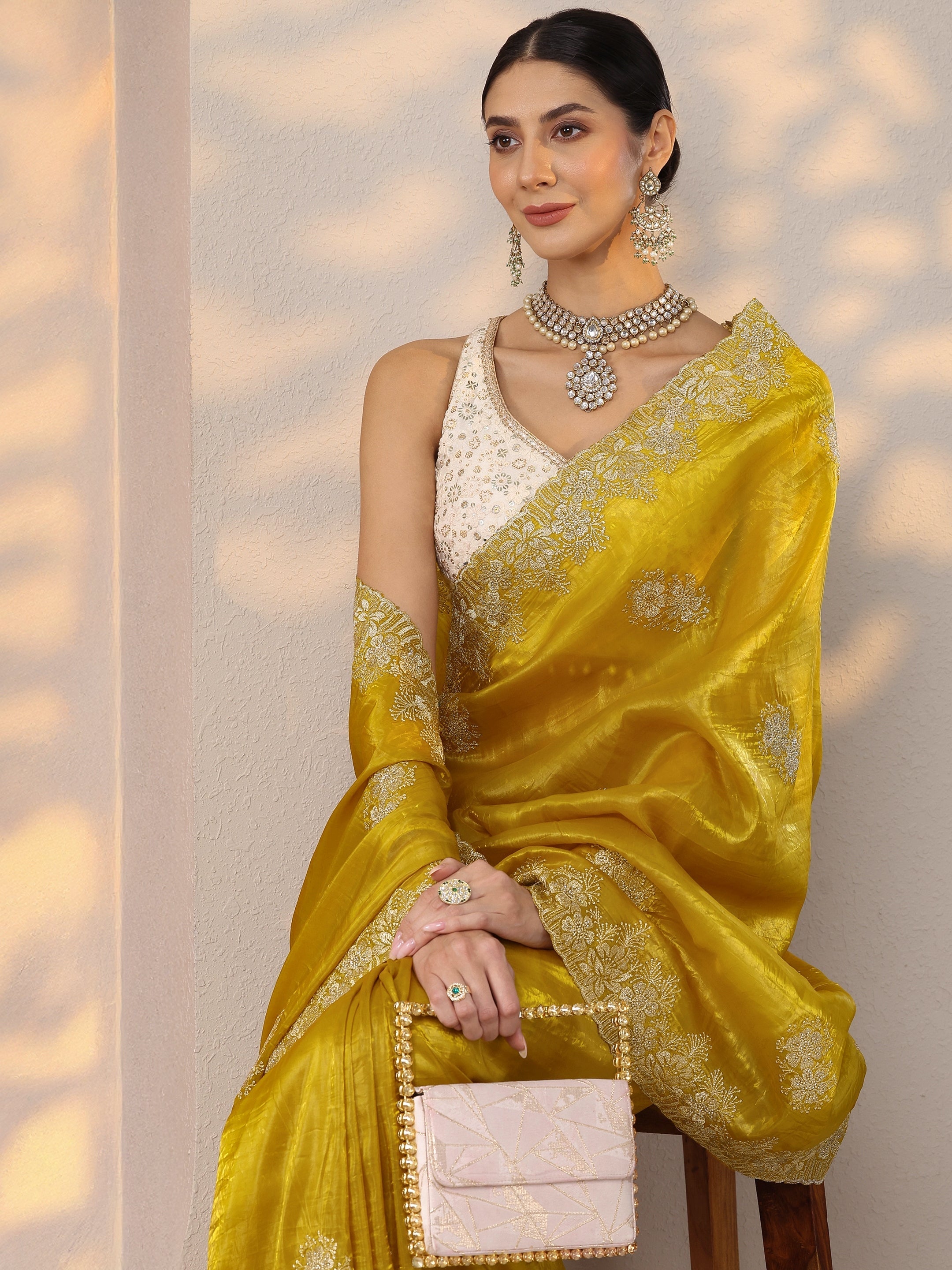 libas Mustard Embroidered Banarasi Organza Saree With Unstitched Blouse Piece-picture-19