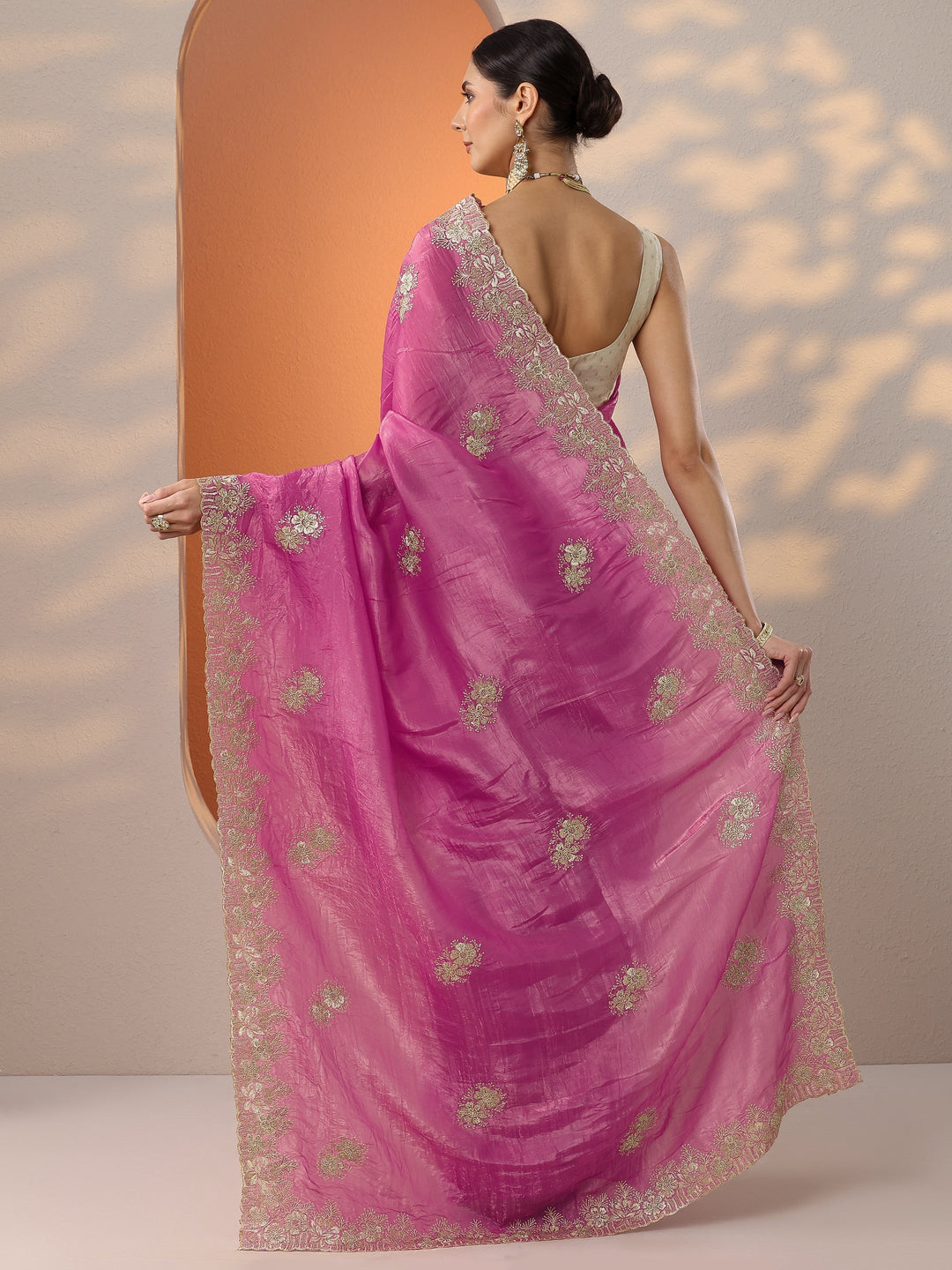  Pink Embroidered Organza Saree With Unstitched Blouse Piece 