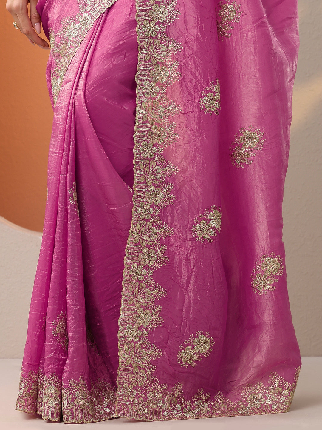  Pink Embroidered Organza Saree With Unstitched Blouse Piece 