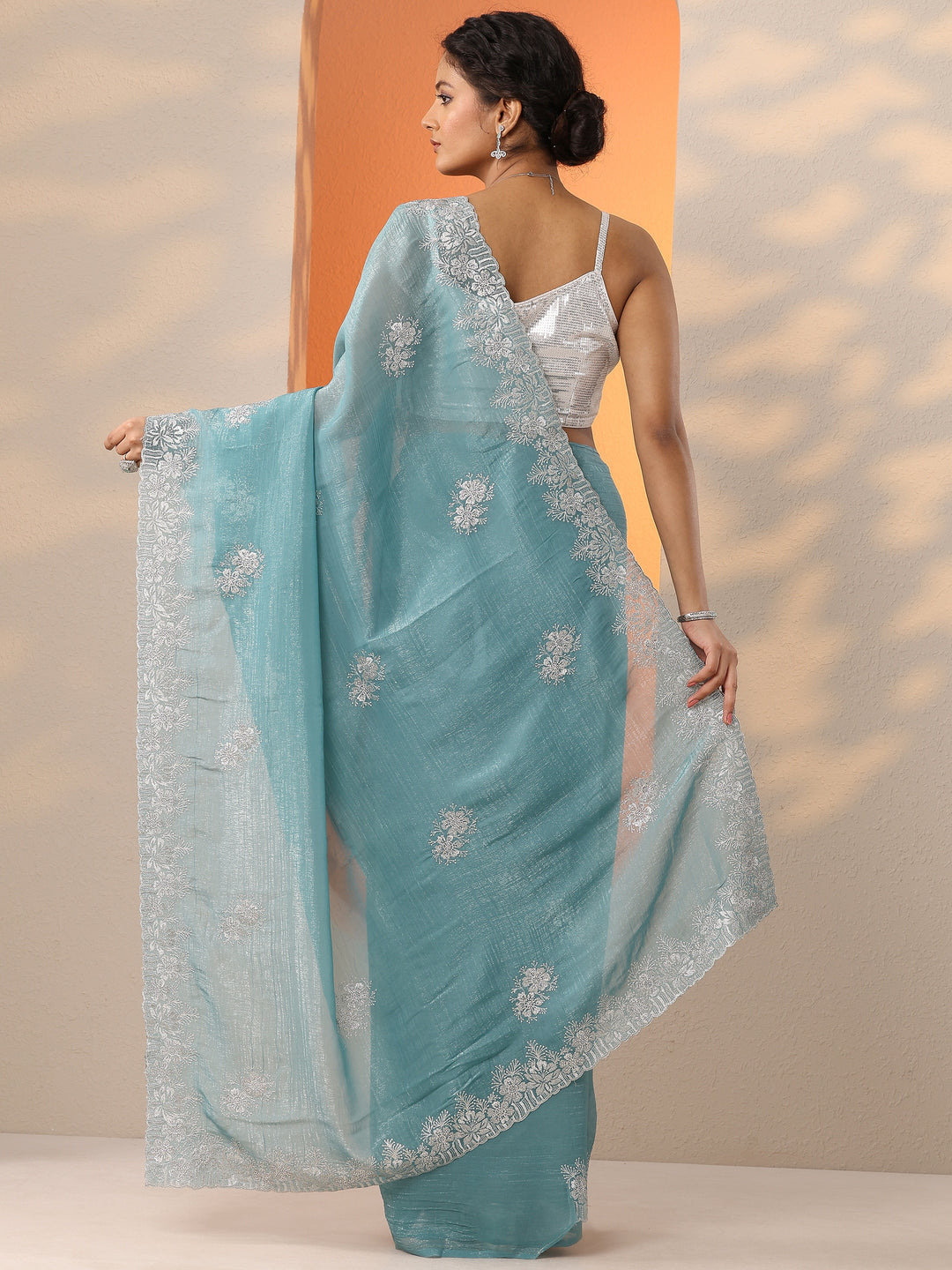  Blue Embroidered Organza Saree With Unstitched Blouse Piece 