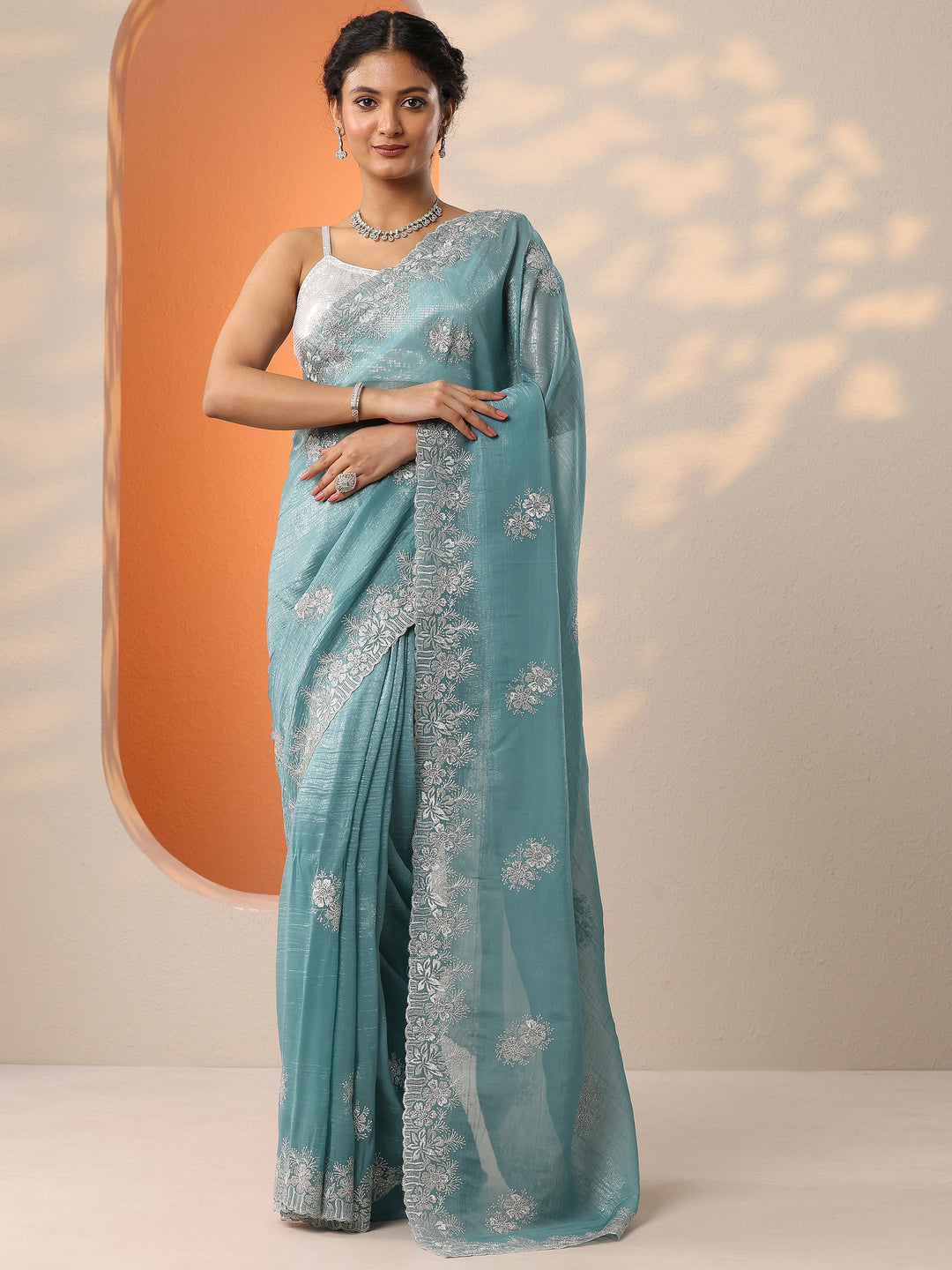  Blue Embroidered Organza Saree With Unstitched Blouse Piece 