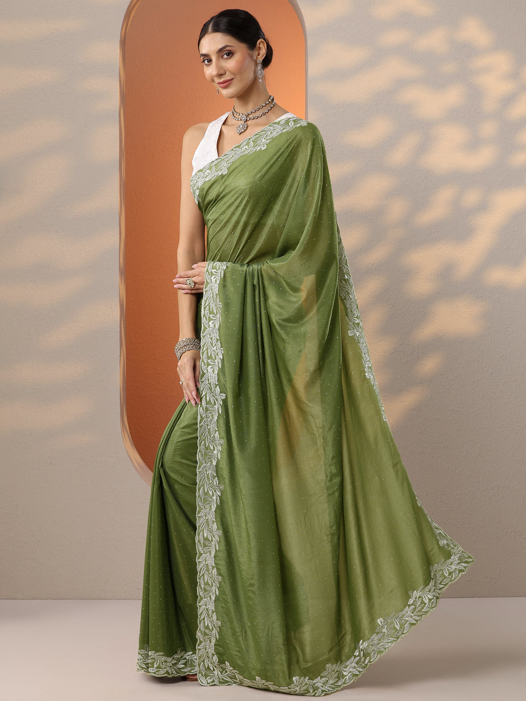  Green Embellished Chinon Saree With Unstitched Blouse Piece 
