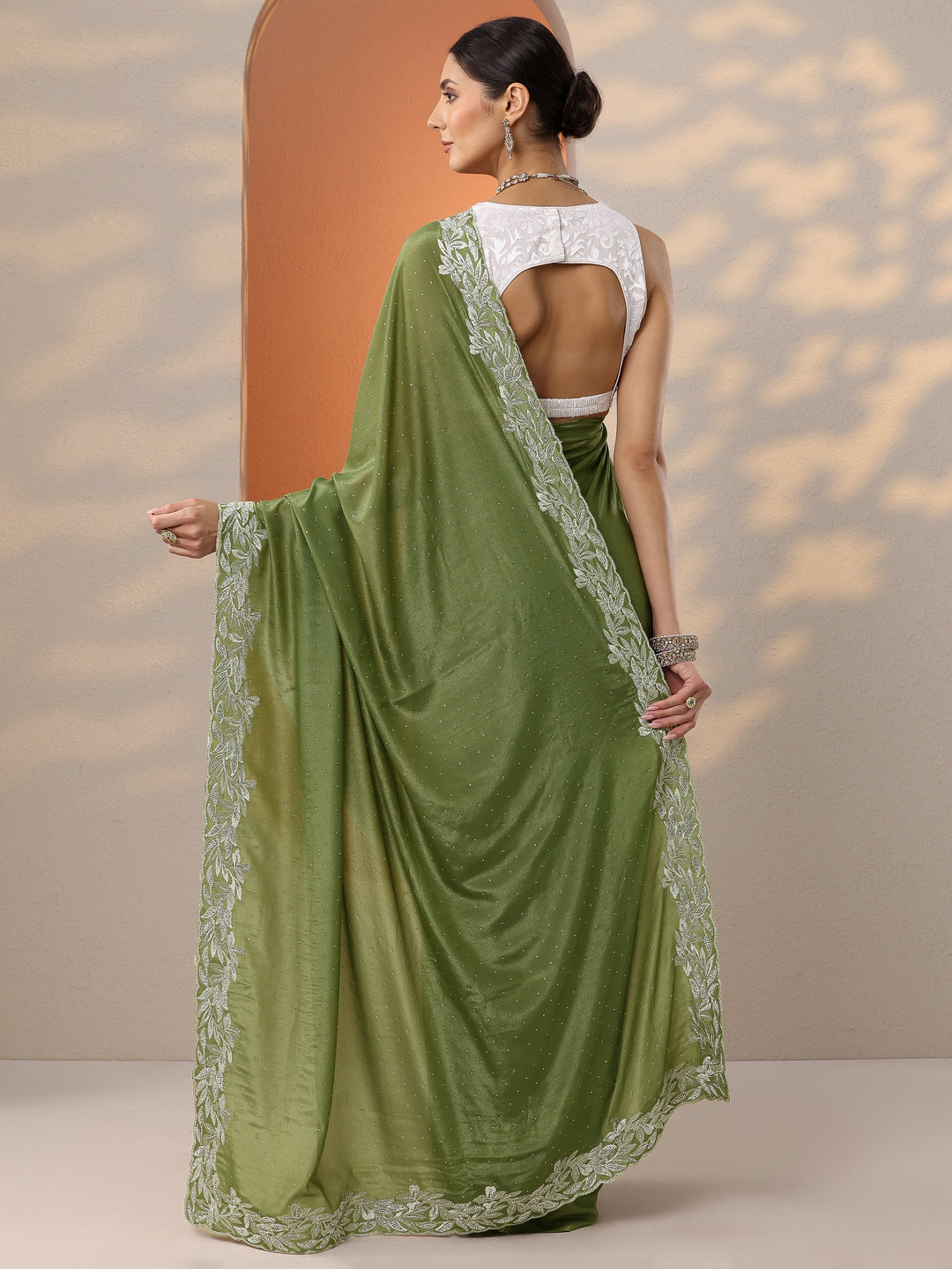 Green Embellished Chinon Saree With Unstitched Blouse Piece 