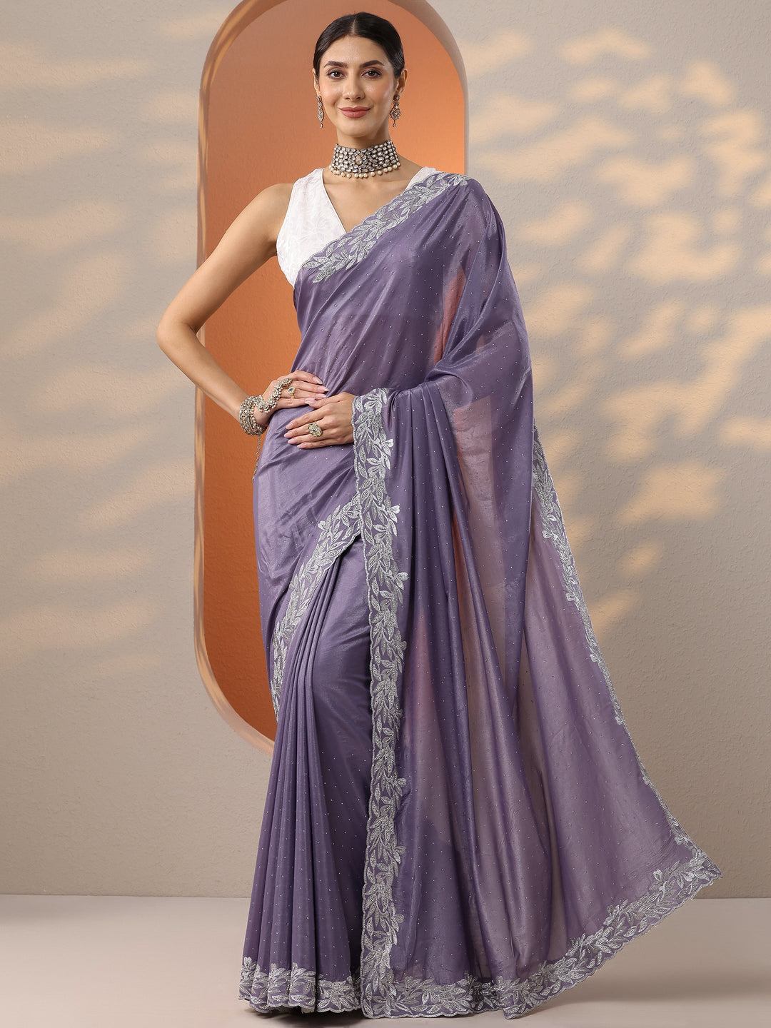  Lavender Embellished Chinon Saree With Unstitched Blouse Piece 