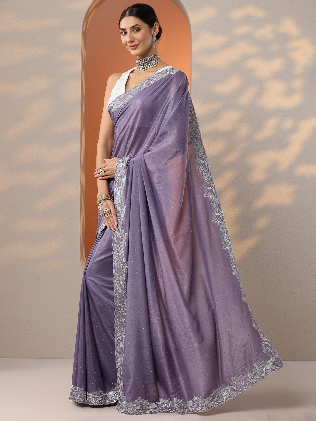  Lavender Embellished Chinon Saree With Unstitched Blouse Piece 
