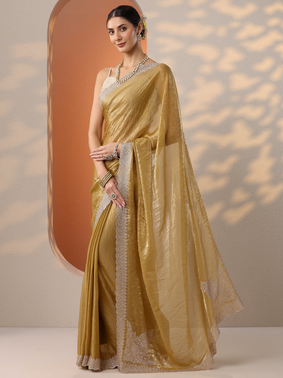  Mustard Embroidered Organza Saree With Unstitched Blouse Piece 