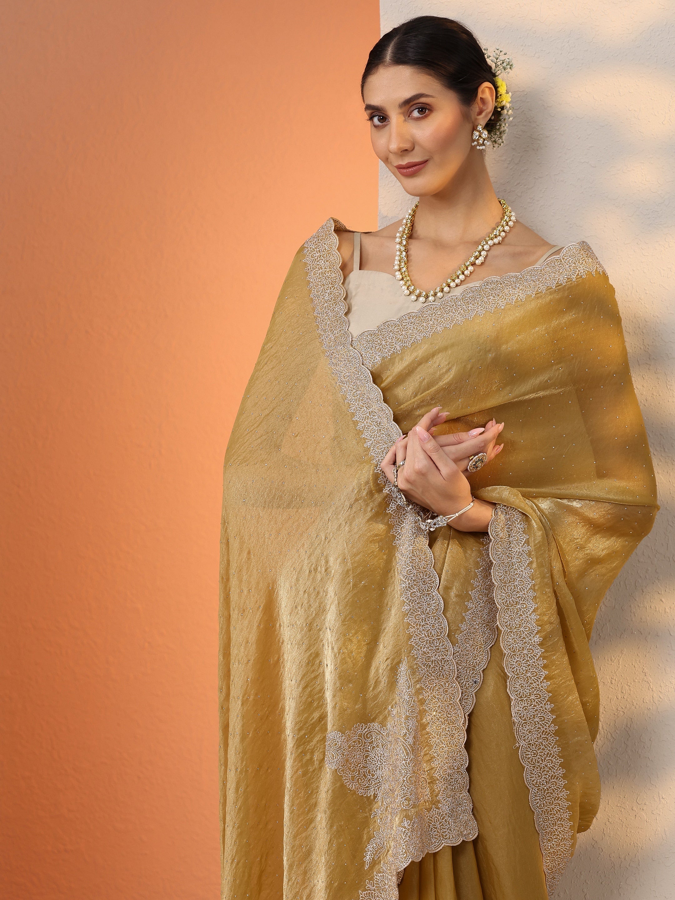 Mustard Embroidered Organza Saree With Unstitched Blouse Piece-image-44