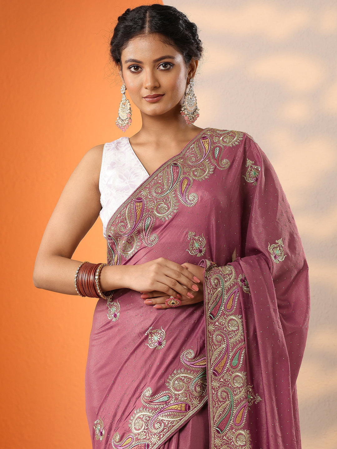  Pink Embroidered Chinon Saree With Unstitched Blouse Piece 