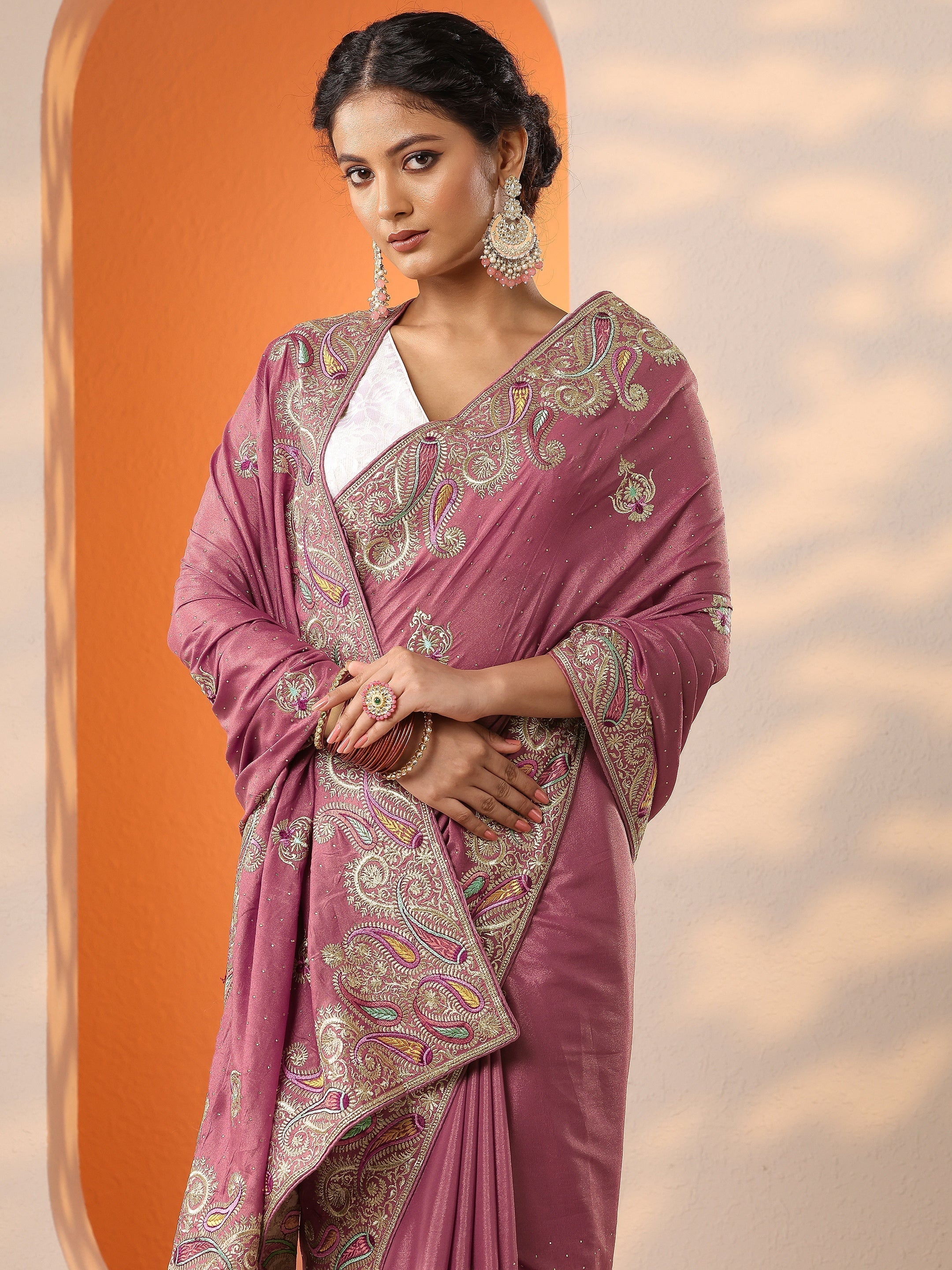 libas Pink Embroidered Chinon Saree With Unstitched Blouse Piece-picture-61