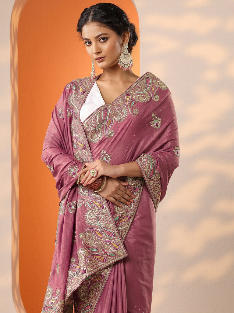 Libas Pink Embroidered Chinon Saree With Unstitched Blouse Piece