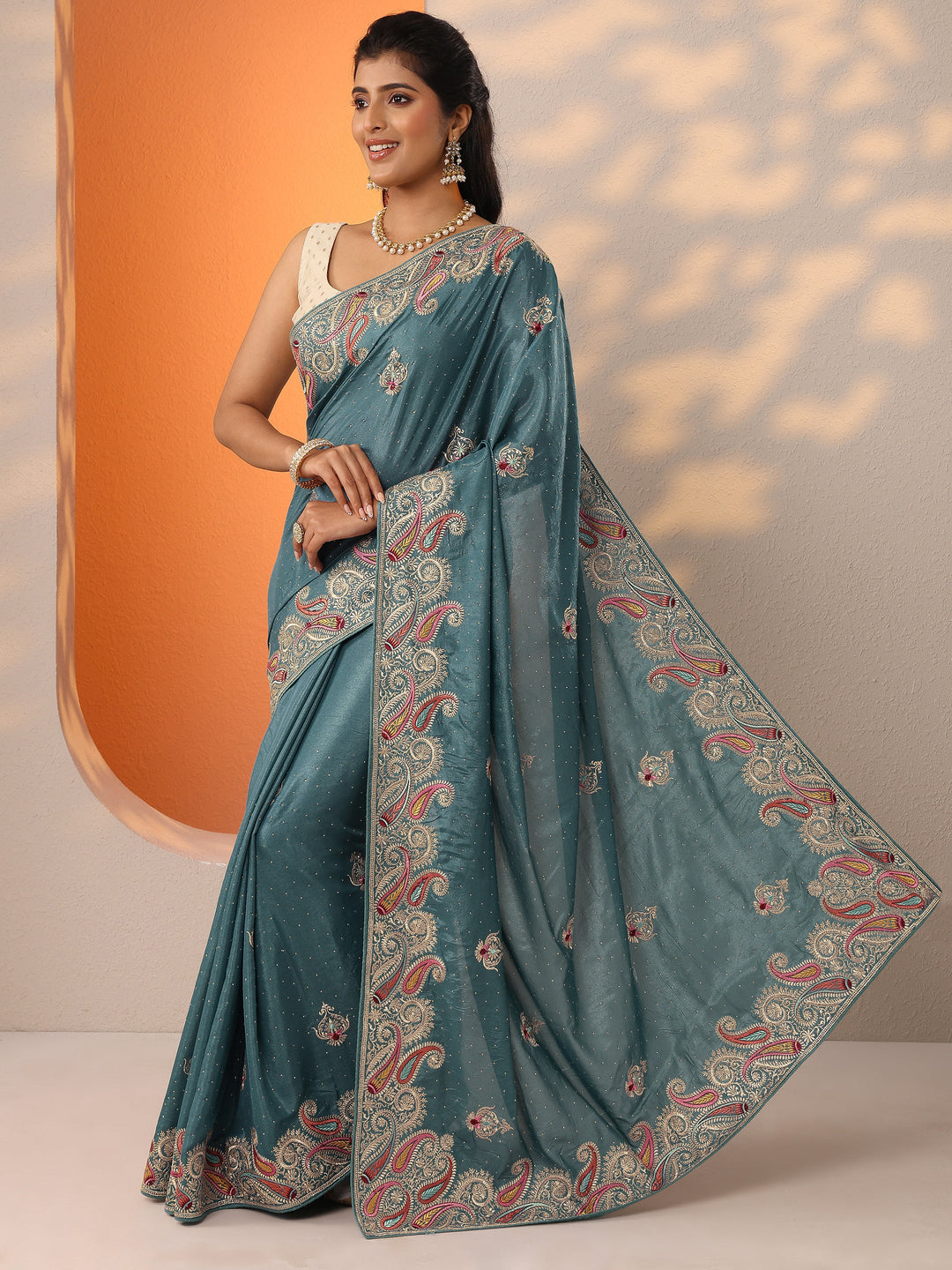 Blue Embroidered Chinon Saree With Unstitched Blouse Piece 