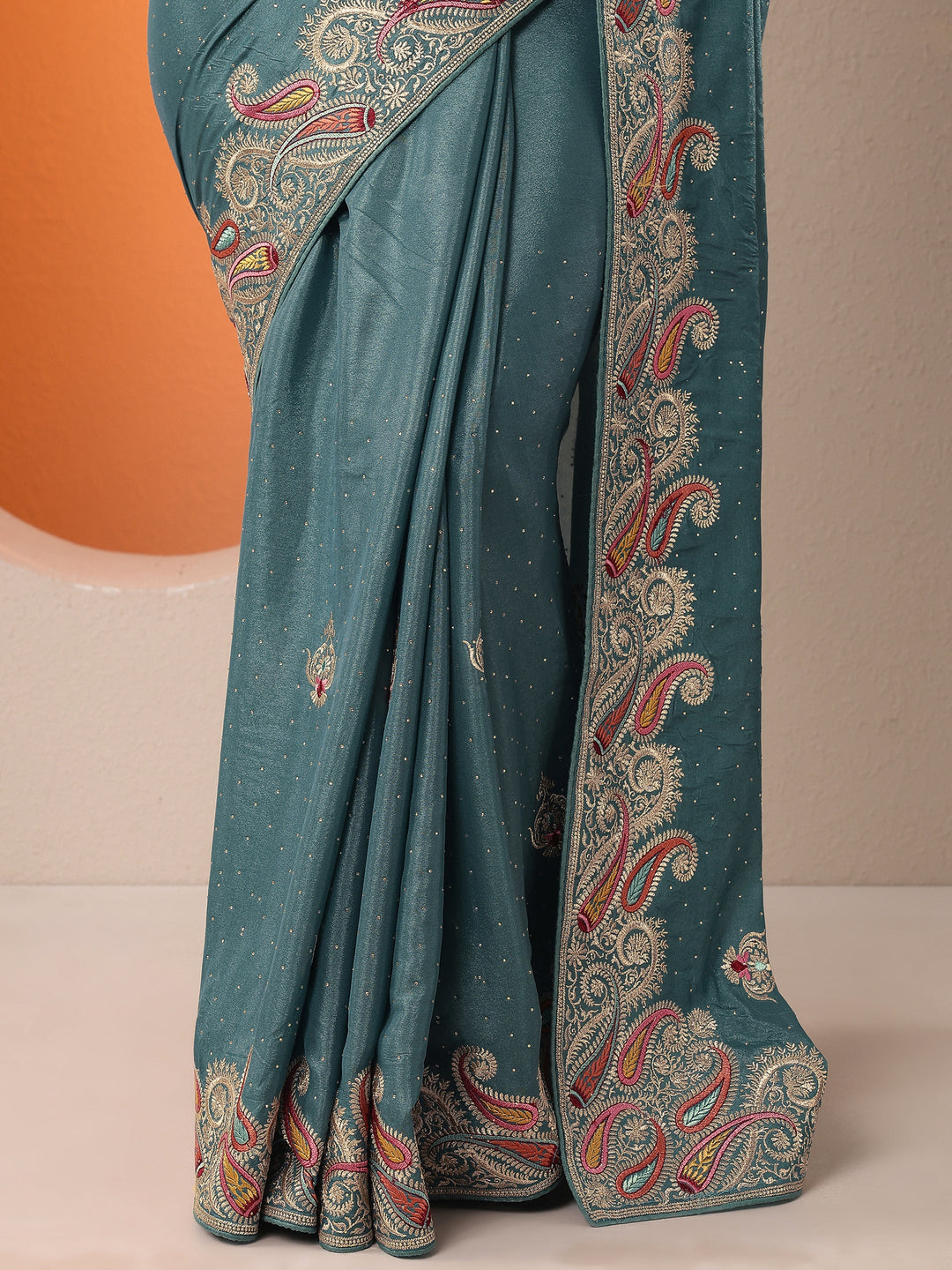  Blue Embroidered Chinon Saree With Unstitched Blouse Piece 