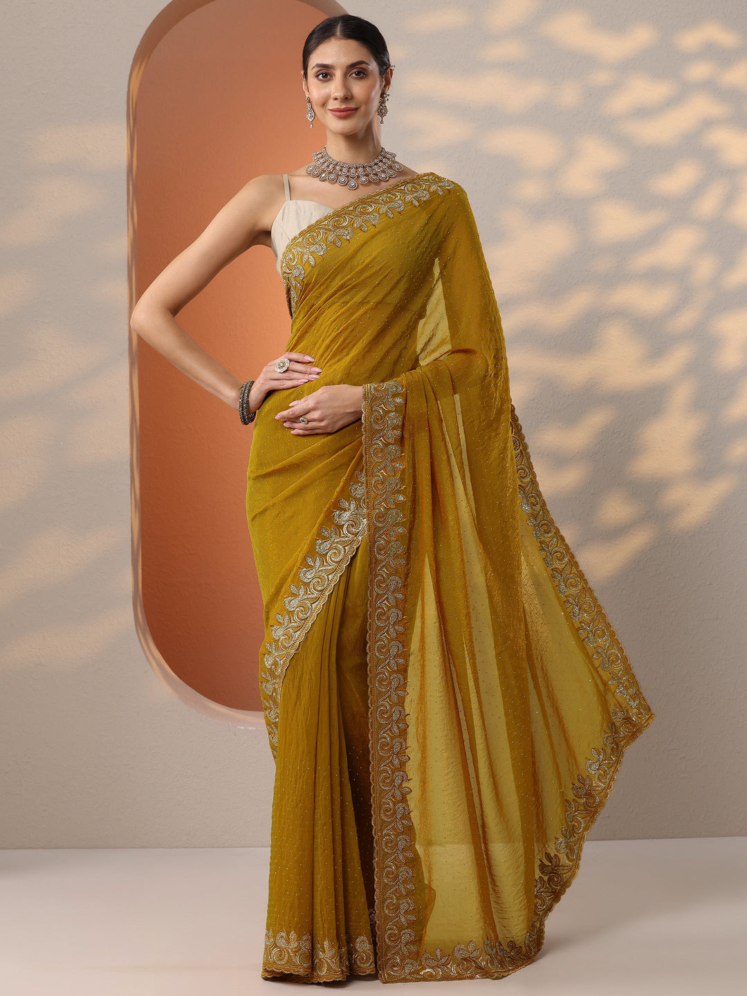  Mustard Embellished Organza Saree With Unstitched Blouse Piece 