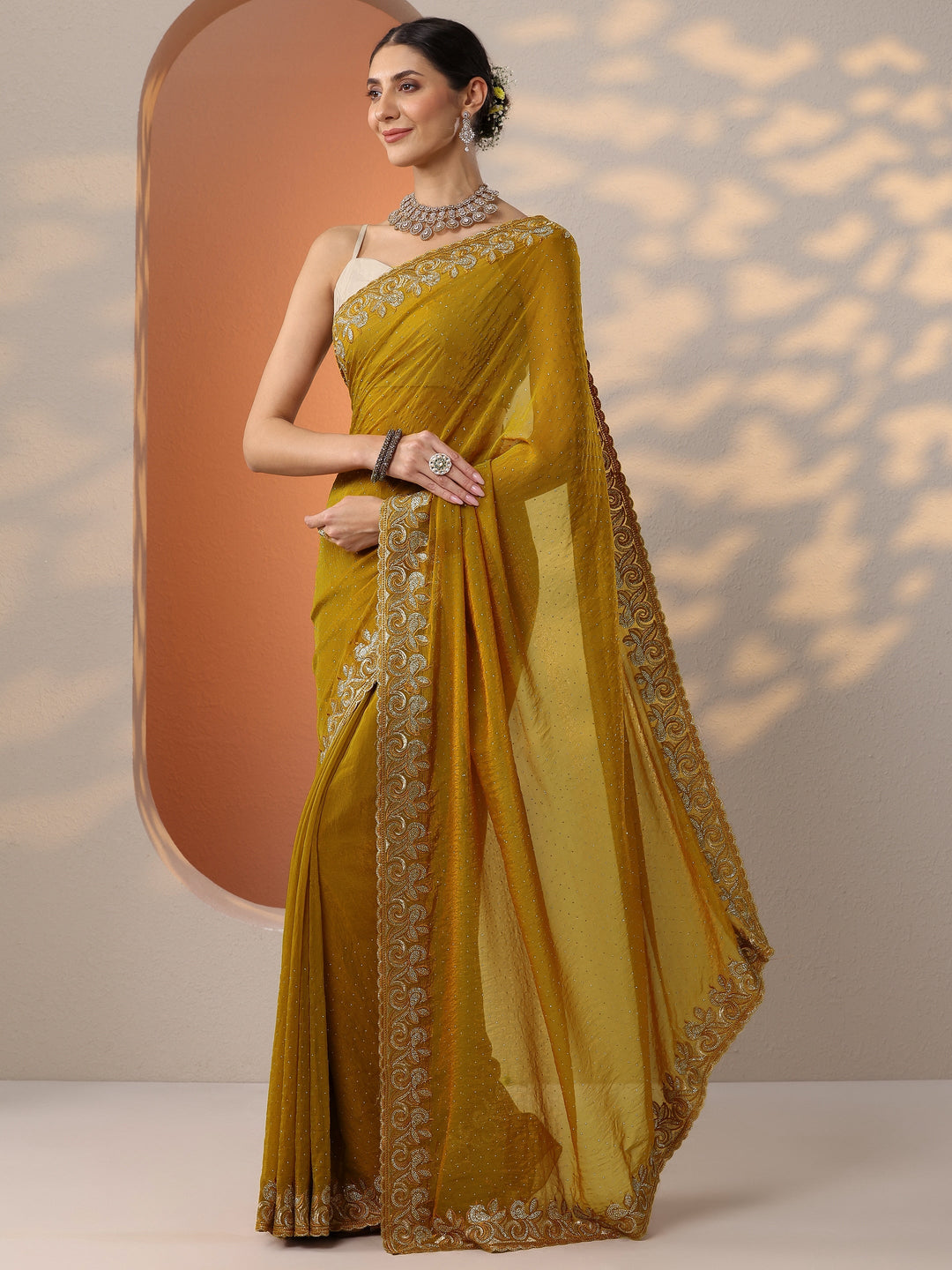  Mustard Embellished Organza Saree With Unstitched Blouse Piece 