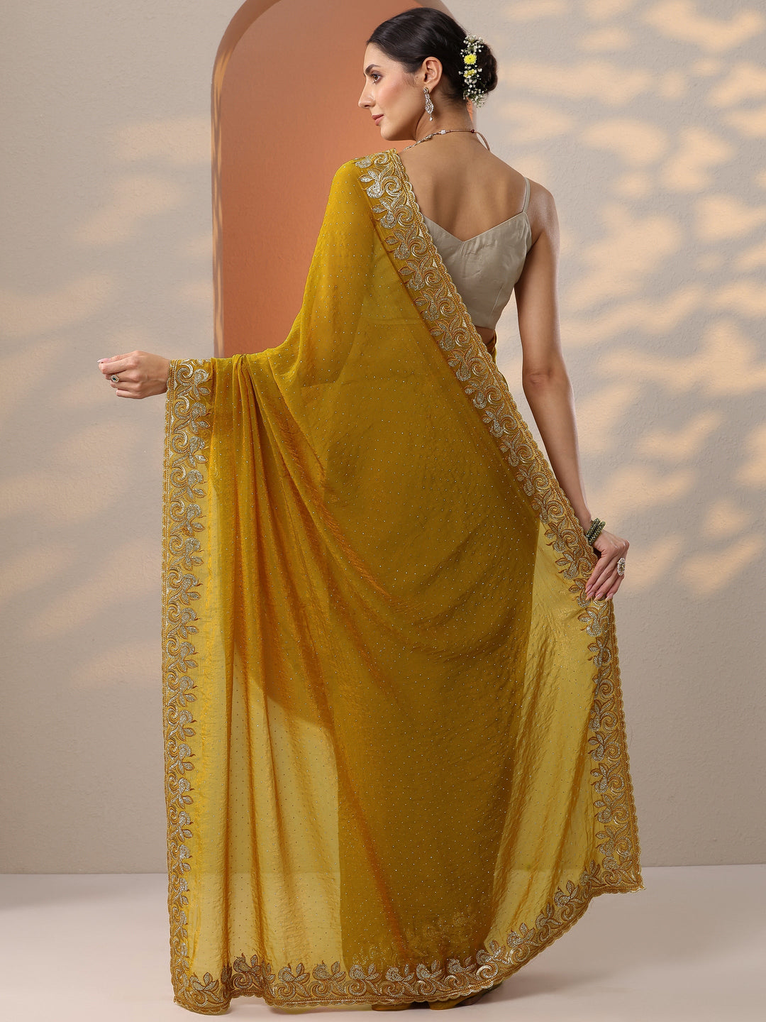  Mustard Embellished Organza Saree With Unstitched Blouse Piece 