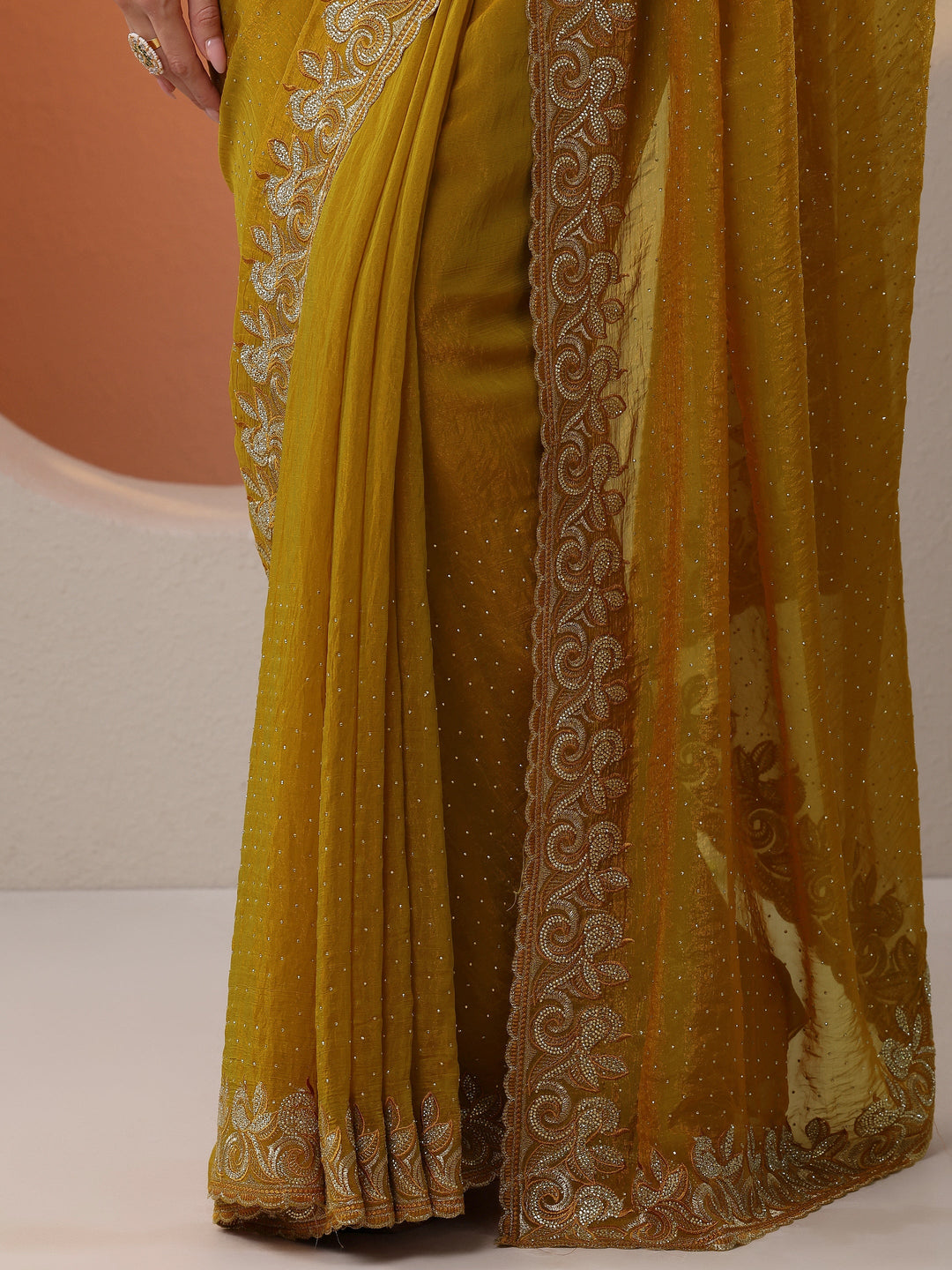  Mustard Embellished Organza Saree With Unstitched Blouse Piece 