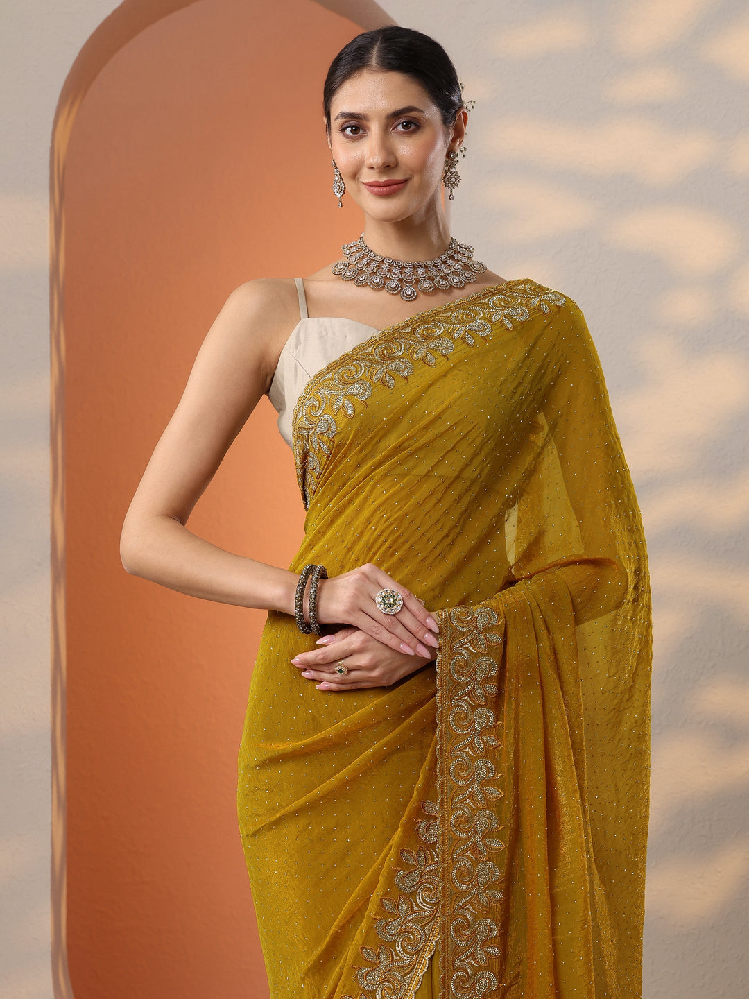  Mustard Embellished Organza Saree With Unstitched Blouse Piece 