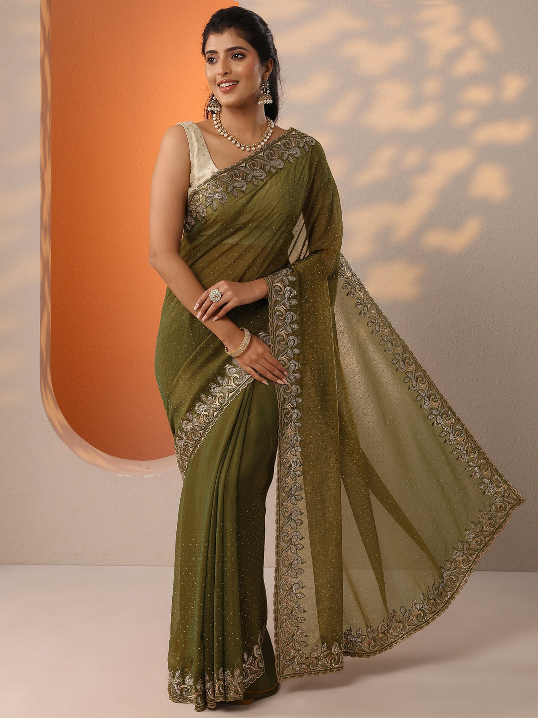  Green Embellished Organza Saree With Unstitched Blouse Piece 