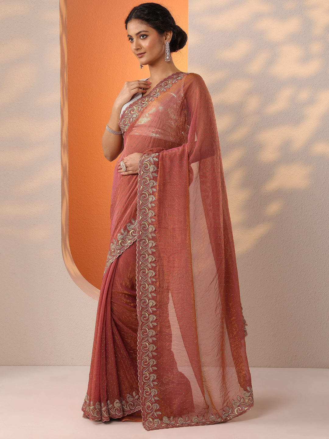  Pink Embellished Organza Saree With Unstitched Blouse Piece 