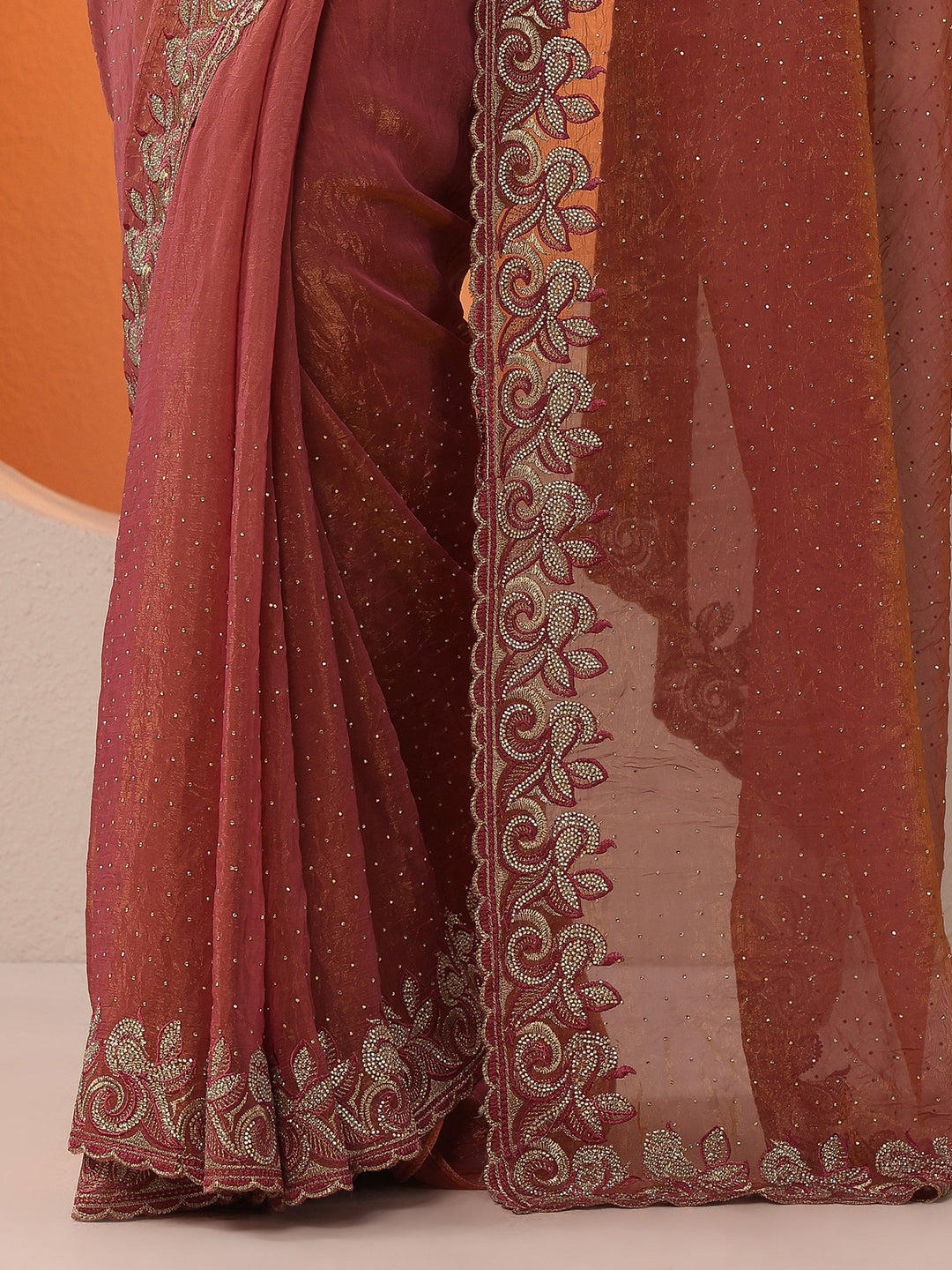  Pink Embellished Organza Saree With Unstitched Blouse Piece 