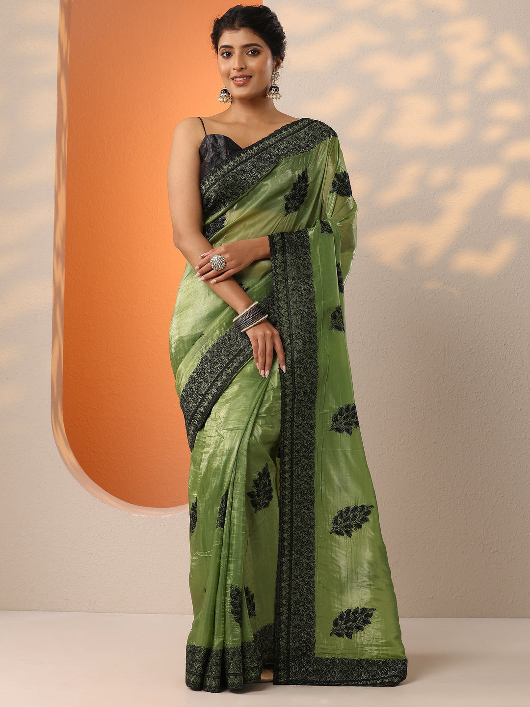  Green Embellished Organza Saree With Unstitched Blouse Piece 