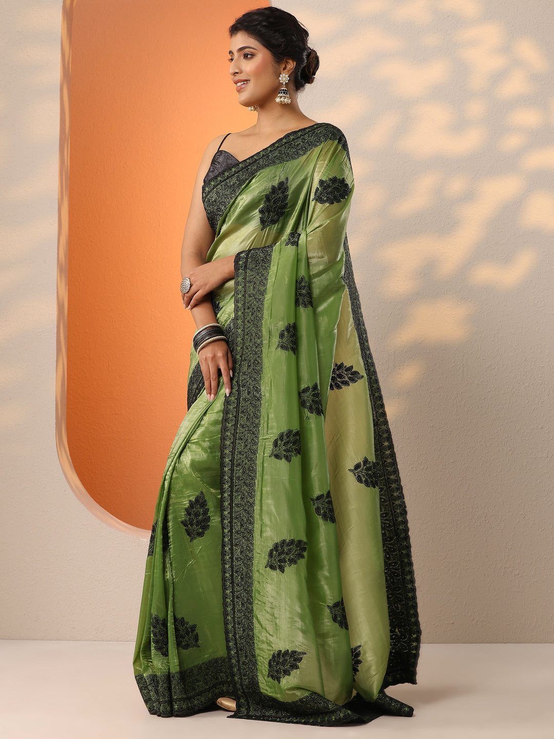  Green Embellished Organza Saree With Unstitched Blouse Piece 