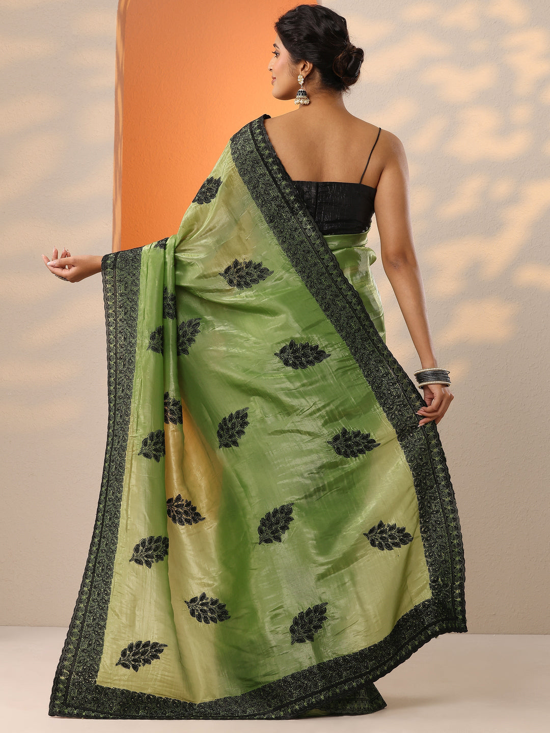  Green Embellished Organza Saree With Unstitched Blouse Piece 