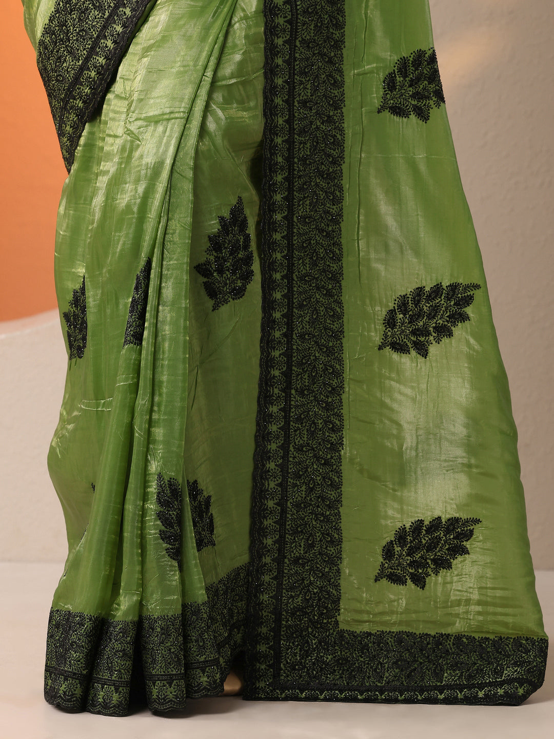  Green Embellished Organza Saree With Unstitched Blouse Piece 
