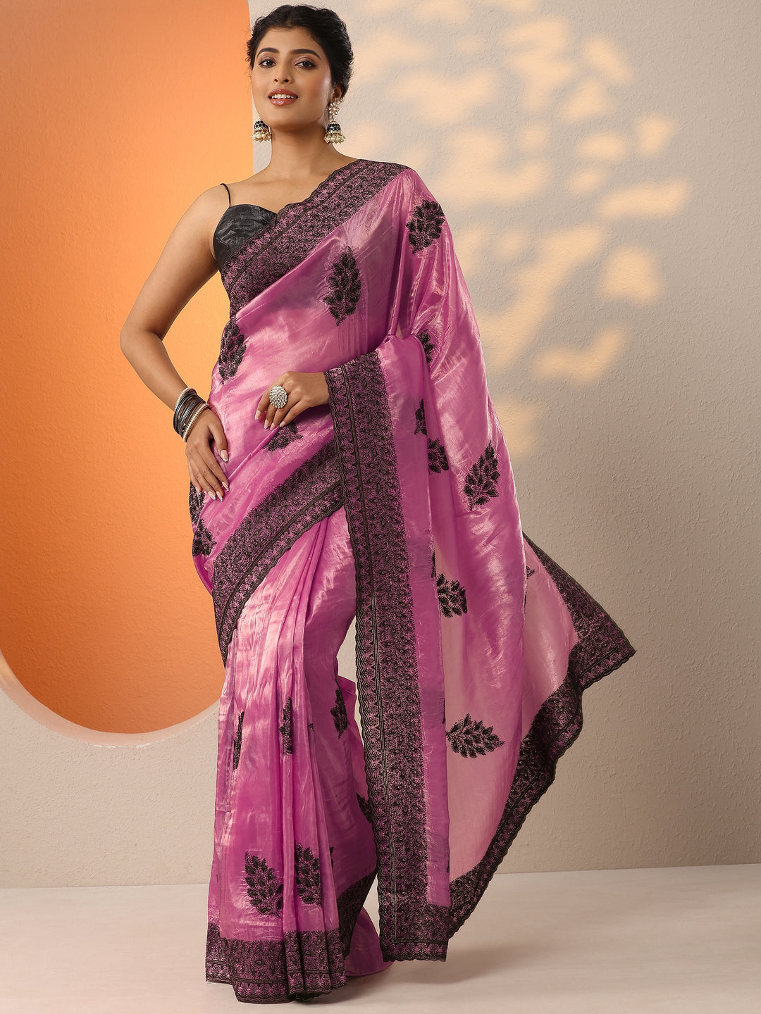  Pink Embellished Organza Saree With Unstitched Blouse Piece 
