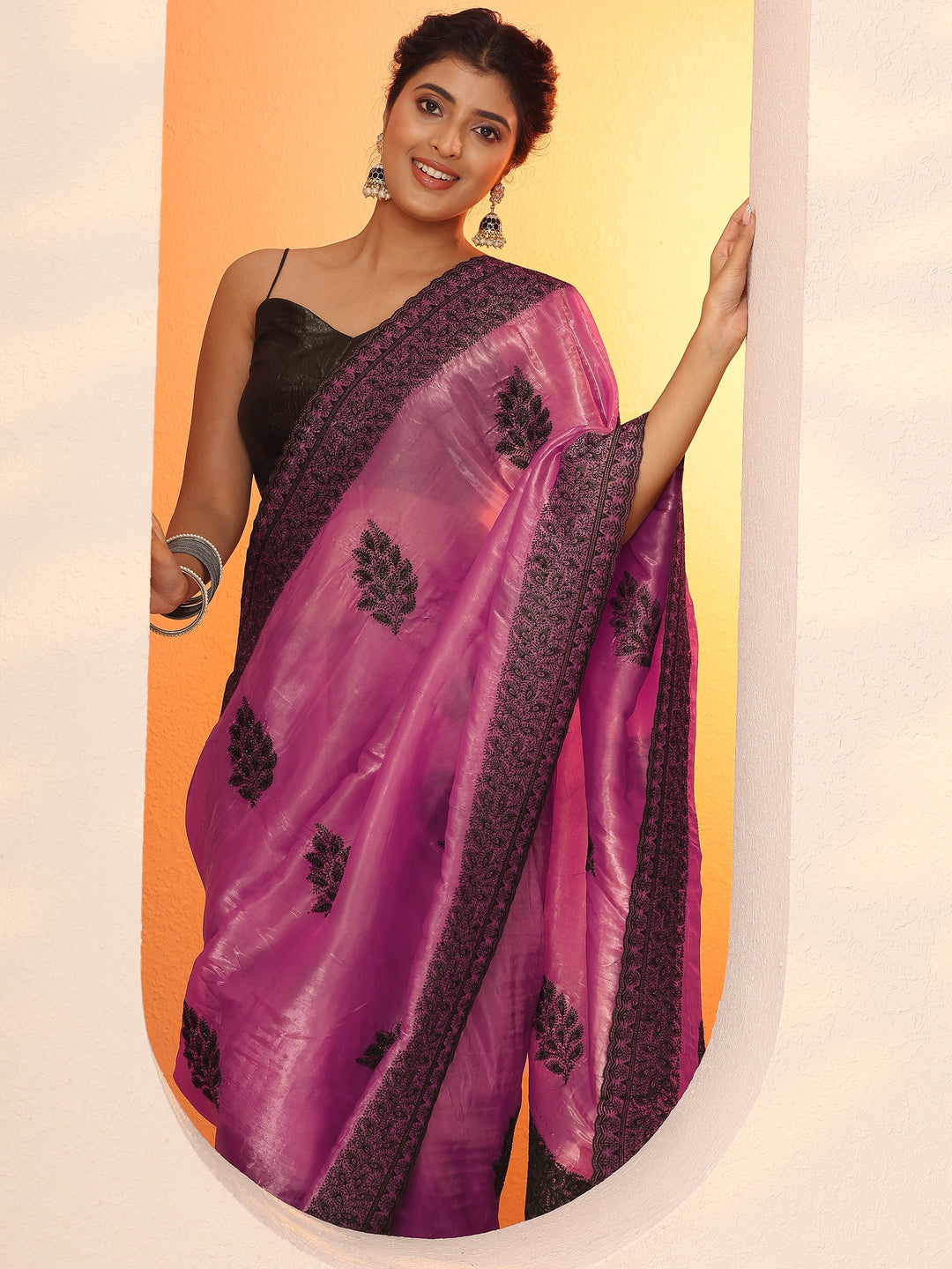  Pink Embellished Organza Saree With Unstitched Blouse Piece 