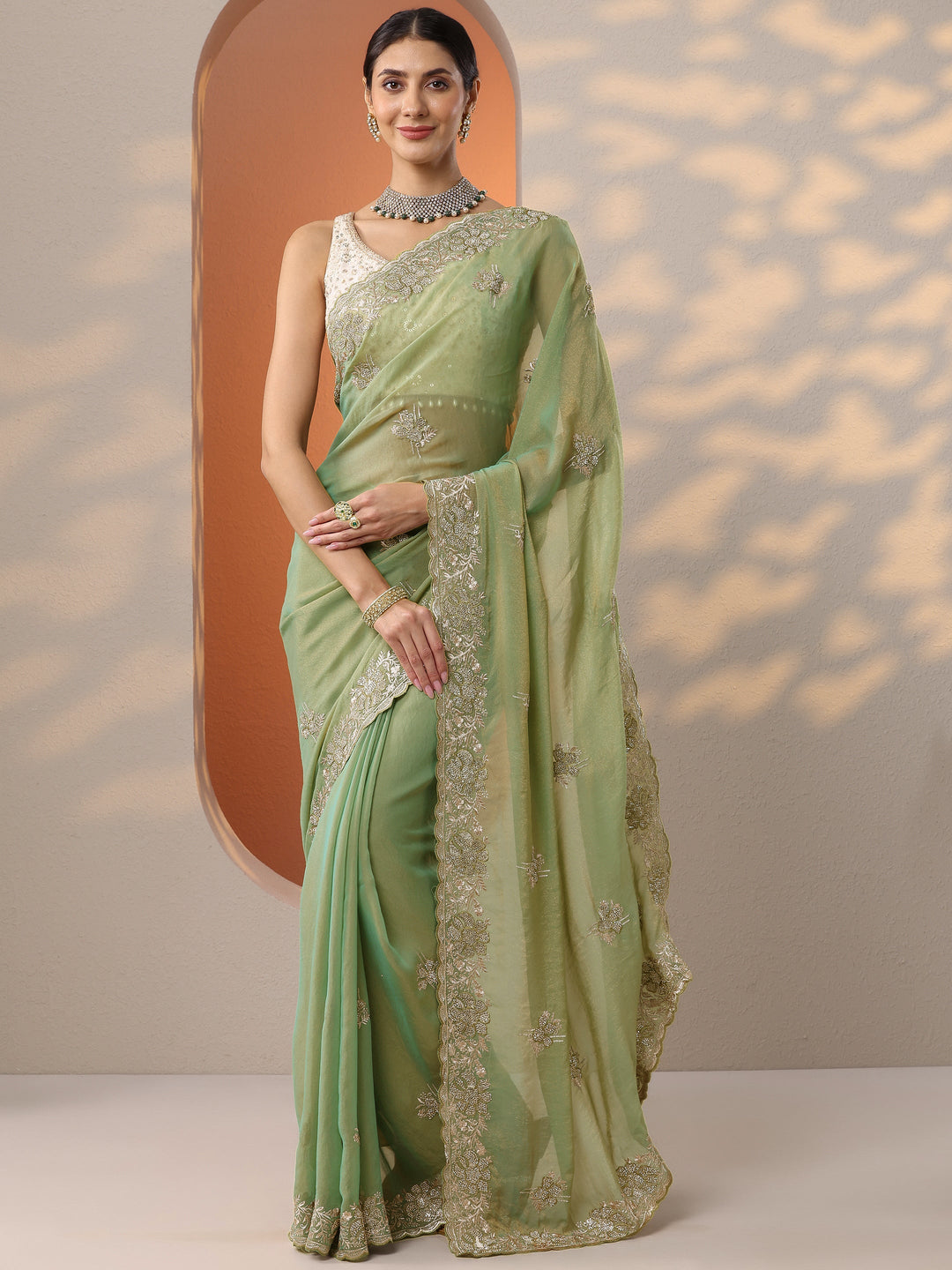  Green Embellished Organza Saree With Unstitched Blouse Piece 