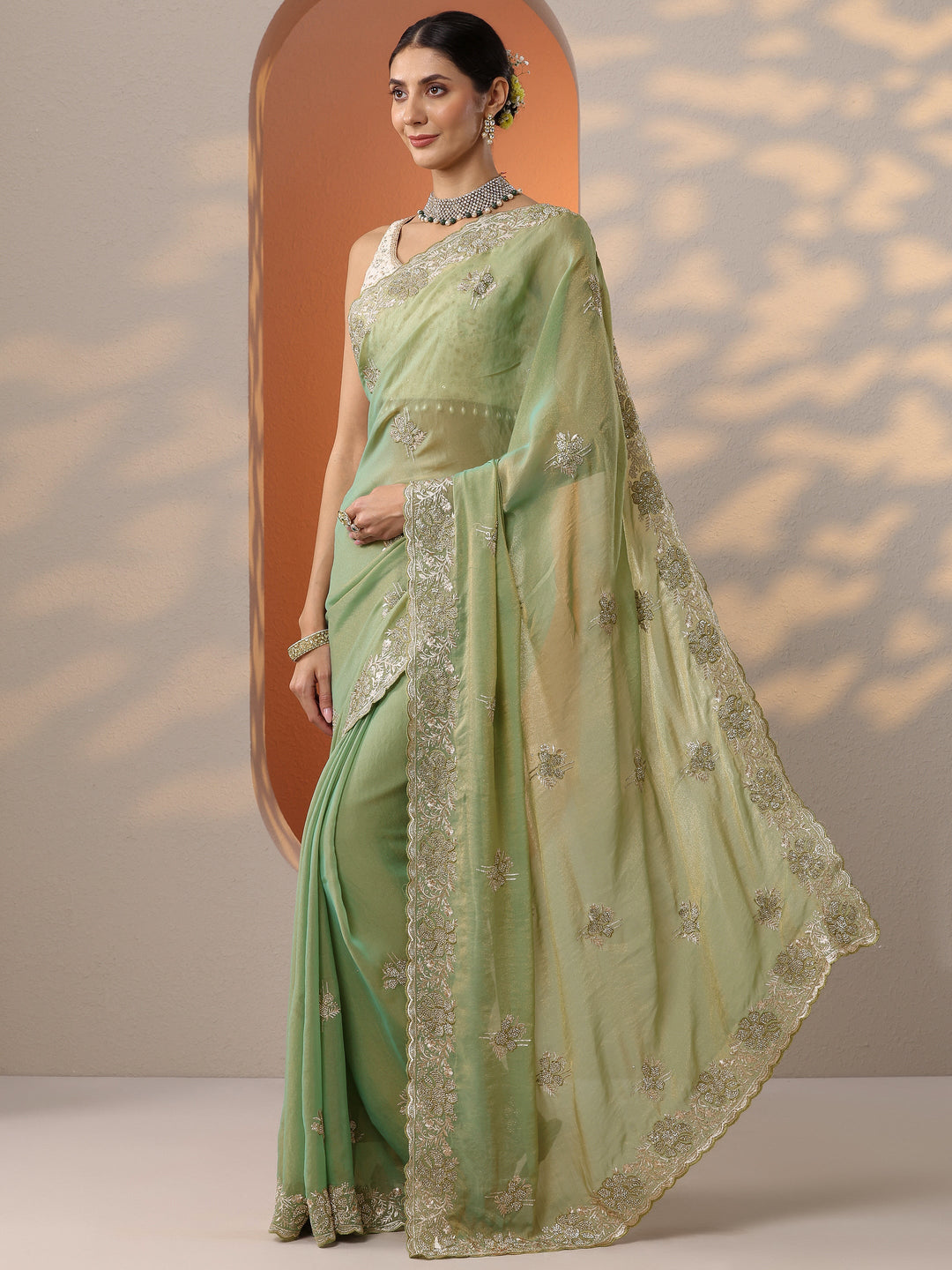  Green Embellished Organza Saree With Unstitched Blouse Piece 