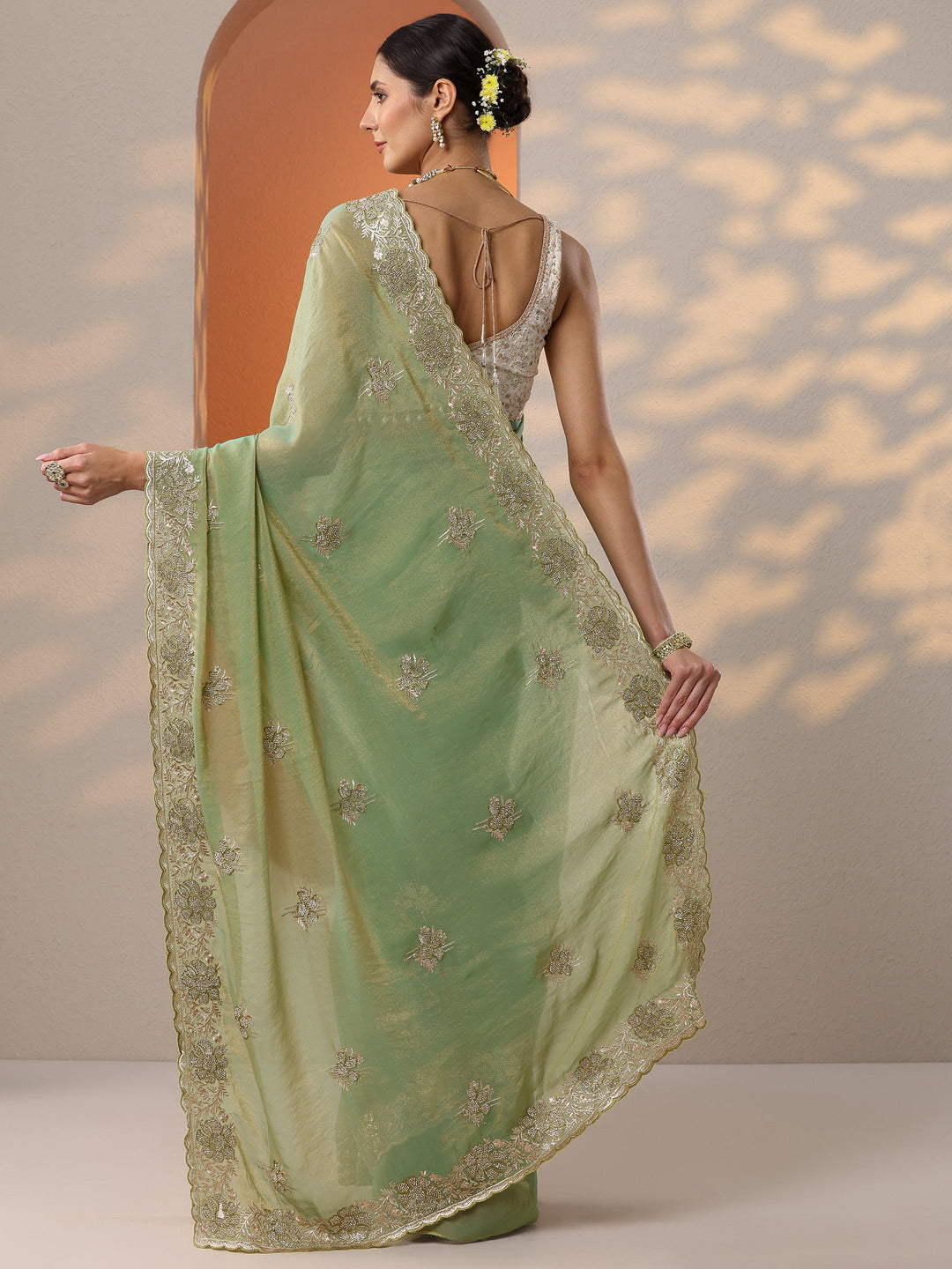  Green Embellished Organza Saree With Unstitched Blouse Piece 