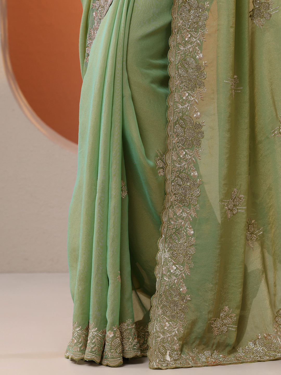  Green Embellished Organza Saree With Unstitched Blouse Piece 