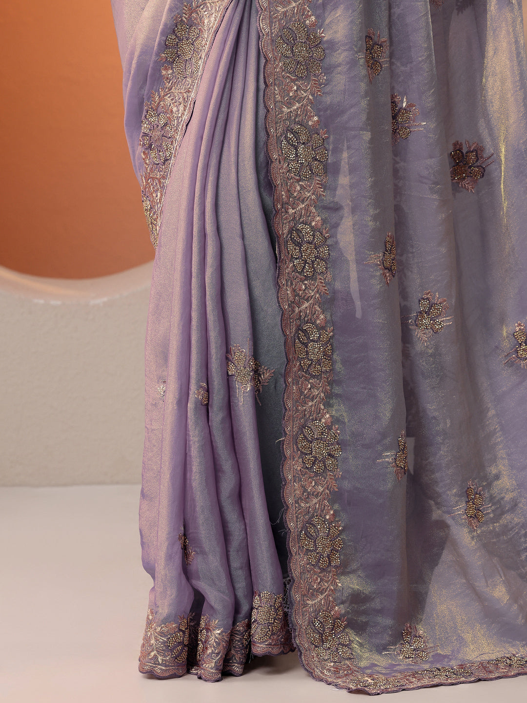  Lavender Embellished Organza Saree With Unstitched Blouse Piece 
