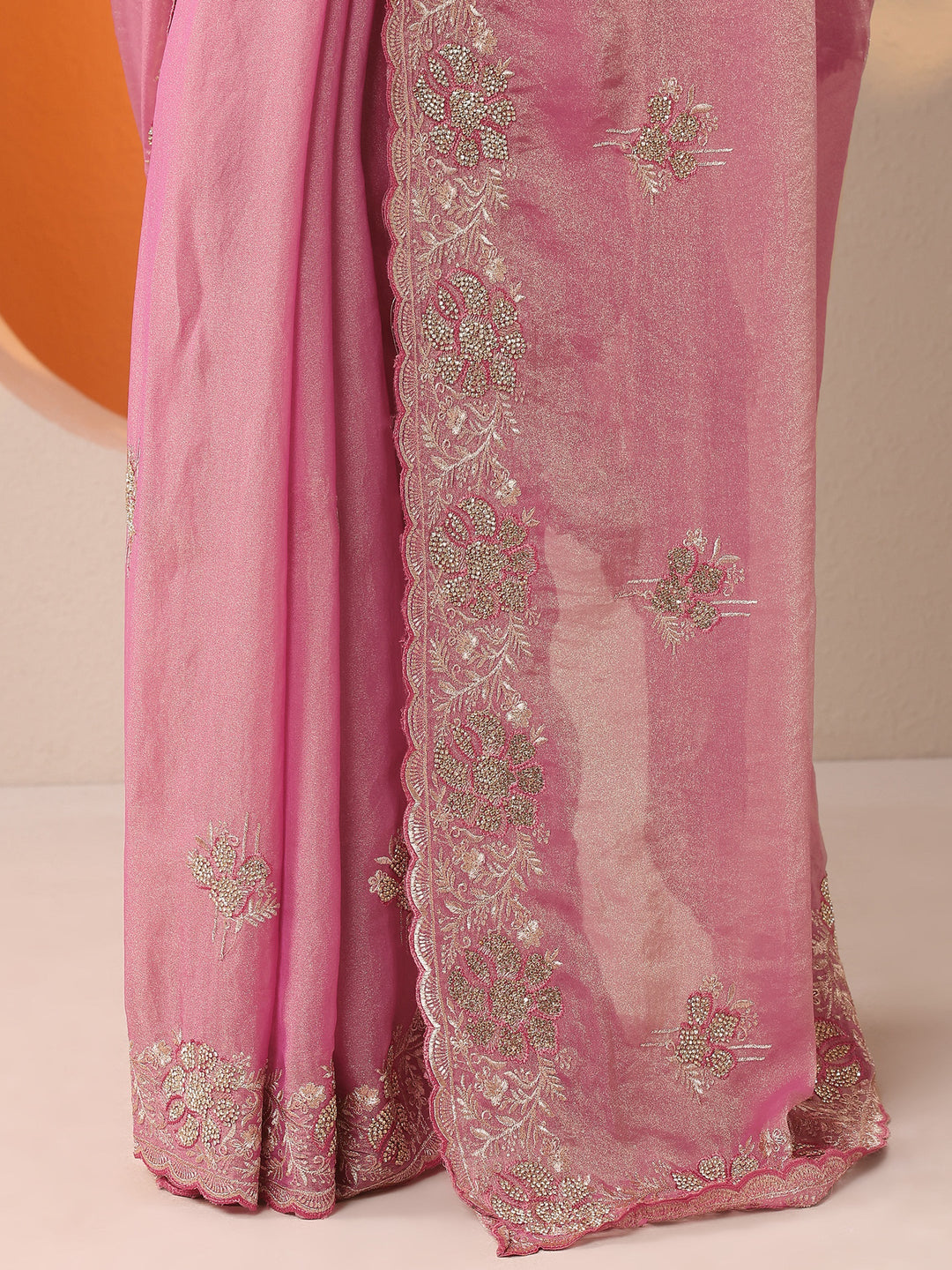  Pink Embellished Organza Saree With Unstitched Blouse Piece 