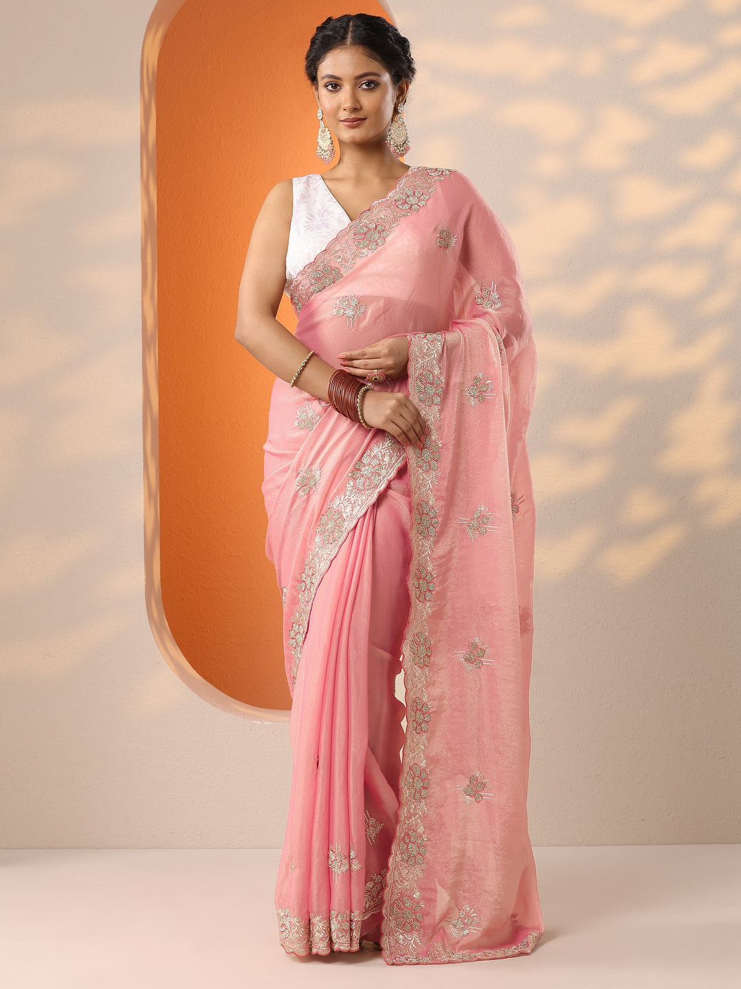  Peach Embellished Organza Saree With Unstitched Blouse Piece 