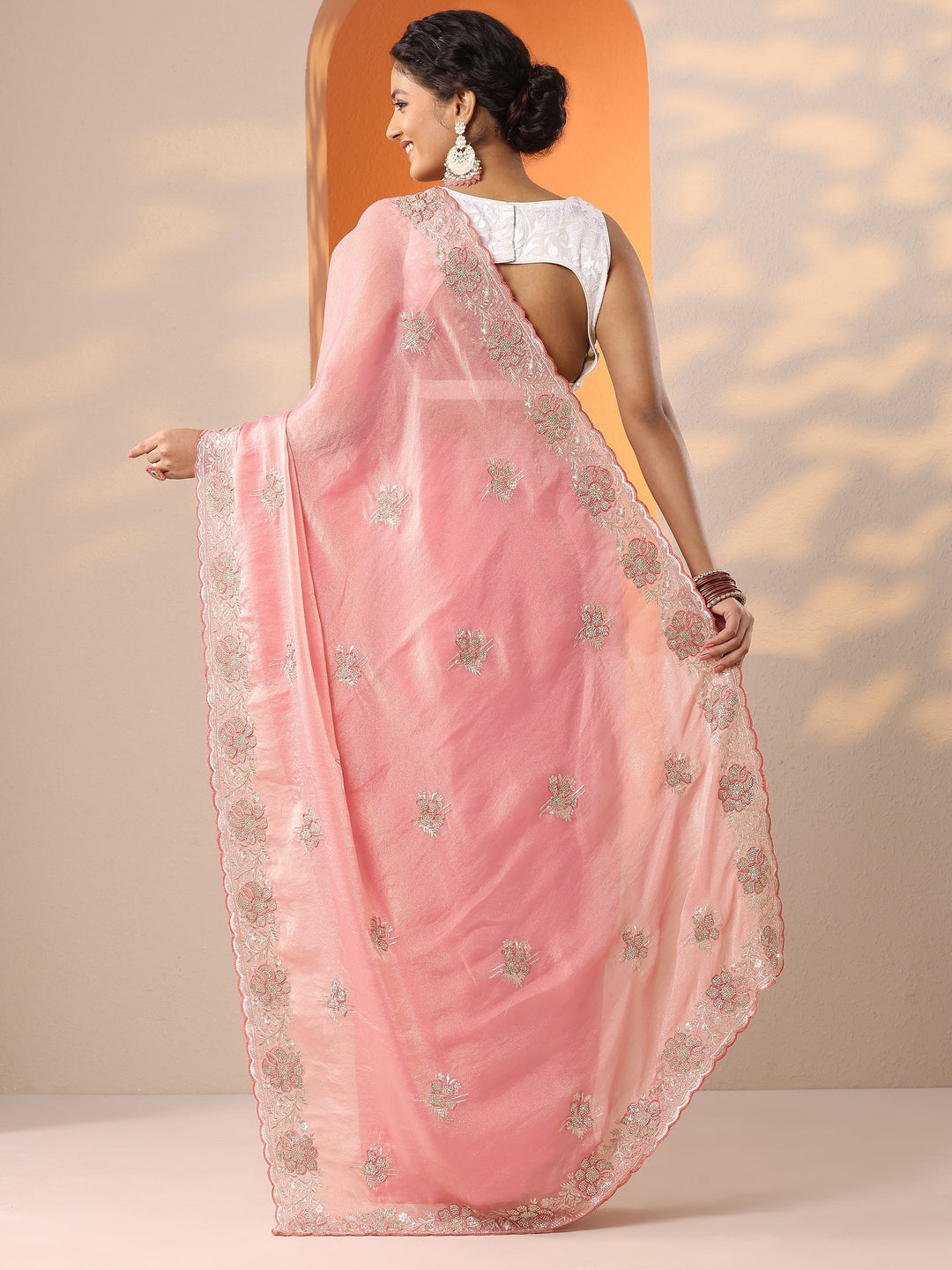  Peach Embellished Organza Saree With Unstitched Blouse Piece 