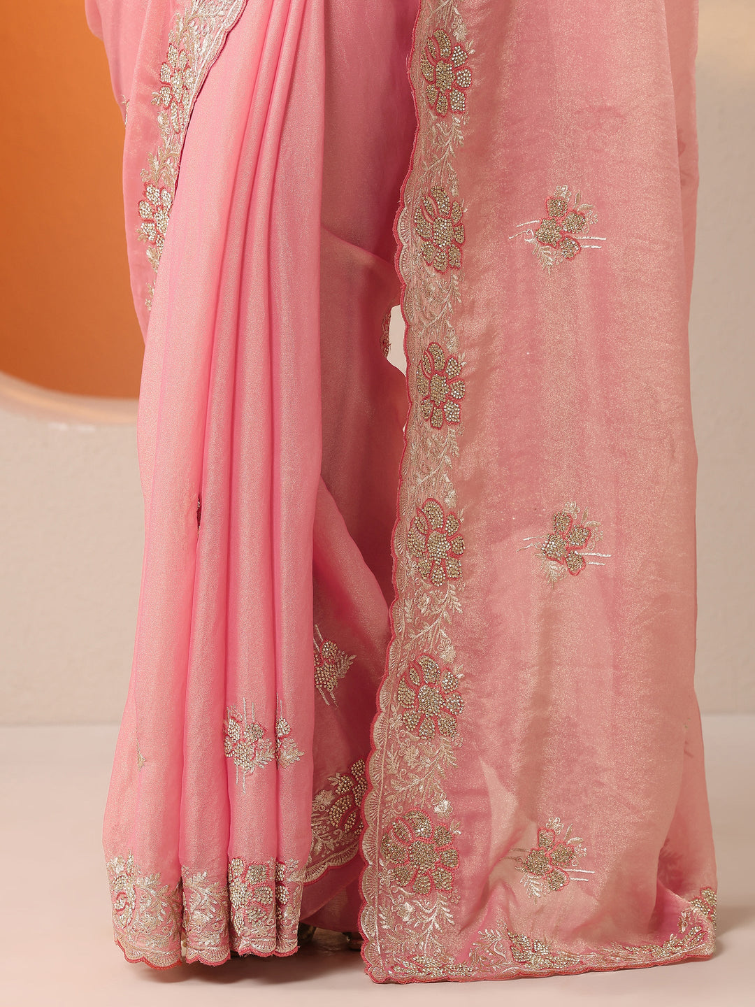  Peach Embellished Organza Saree With Unstitched Blouse Piece 