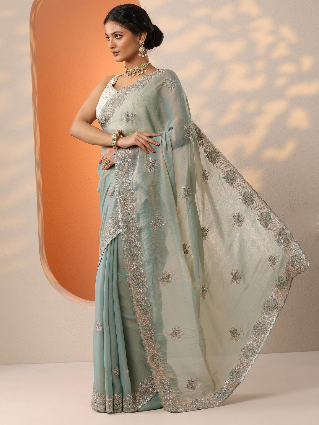  Blue Embellished Organza Saree With Unstitched Blouse Piece 