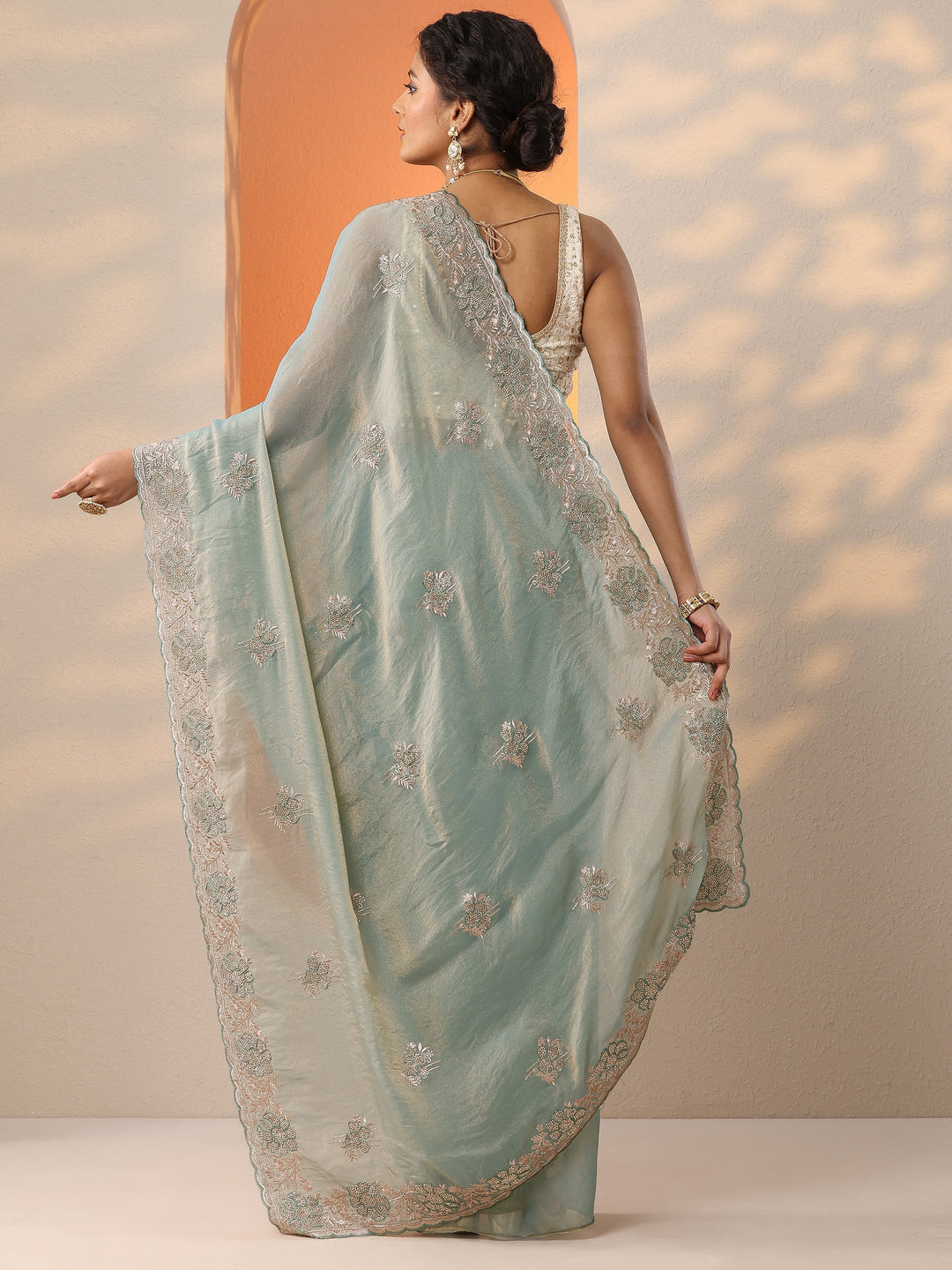  Blue Embellished Organza Saree With Unstitched Blouse Piece 