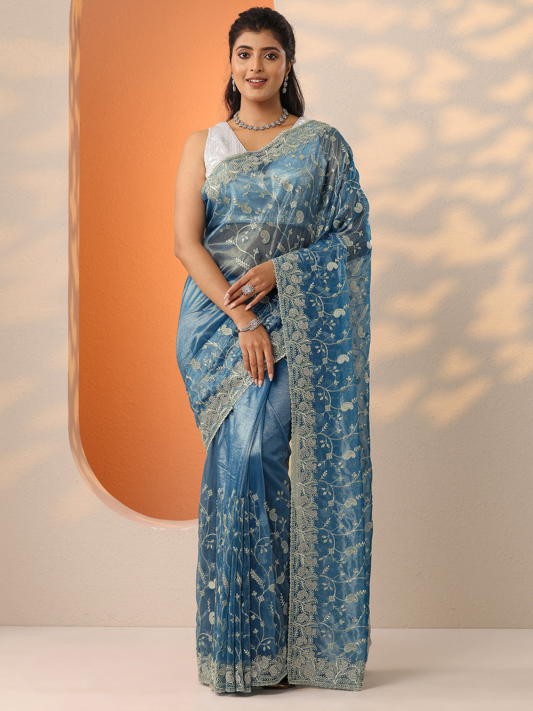  Blue Embellished Banarasi Nylon Saree With Unstitched Blouse Piece 