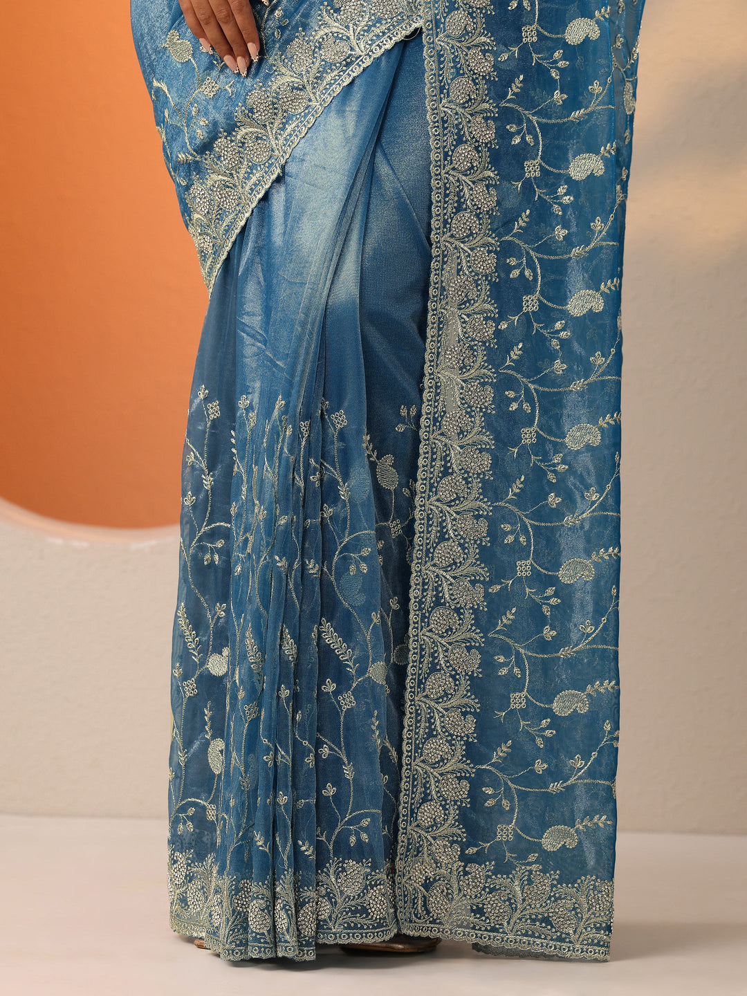  Blue Embellished Banarasi Nylon Saree With Unstitched Blouse Piece 