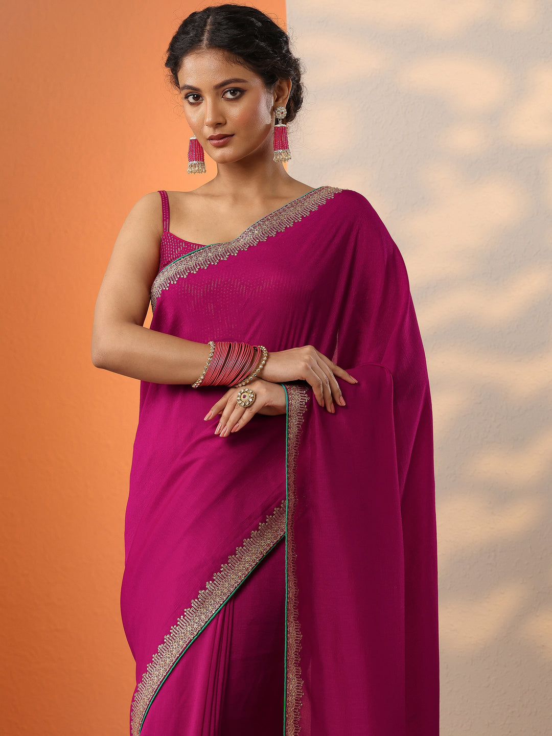  Pink Solid Silk Blend Saree With Unstitched Blouse Piece 