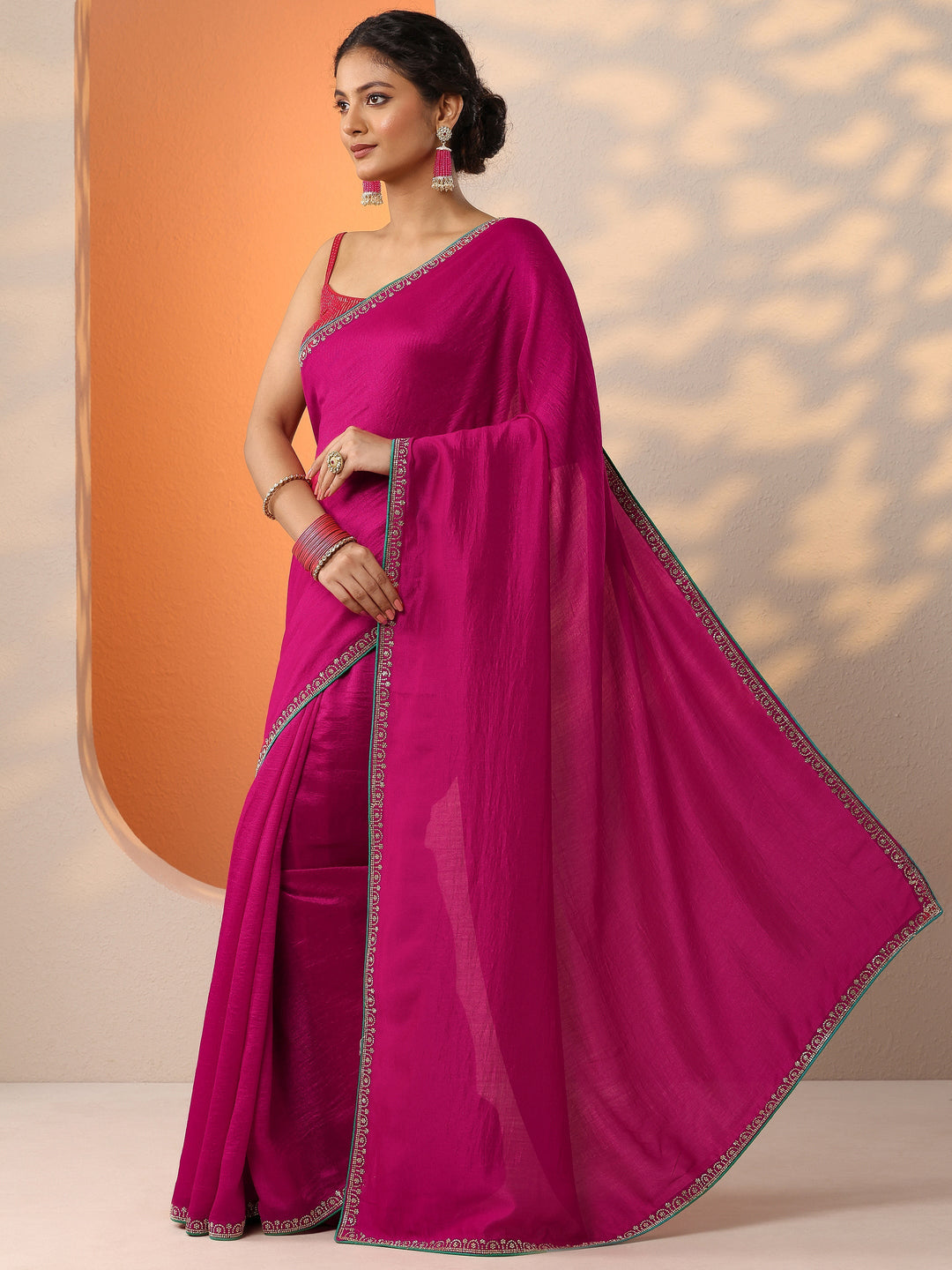  Pink Solid Silk Blend Saree With Unstitched Blouse Piece 