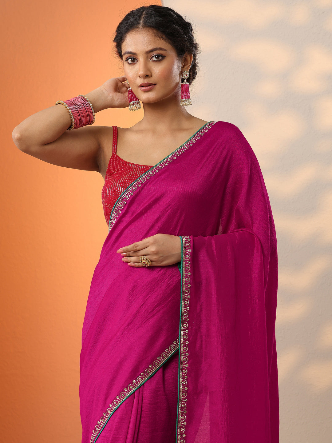  Pink Solid Silk Blend Saree With Unstitched Blouse Piece 