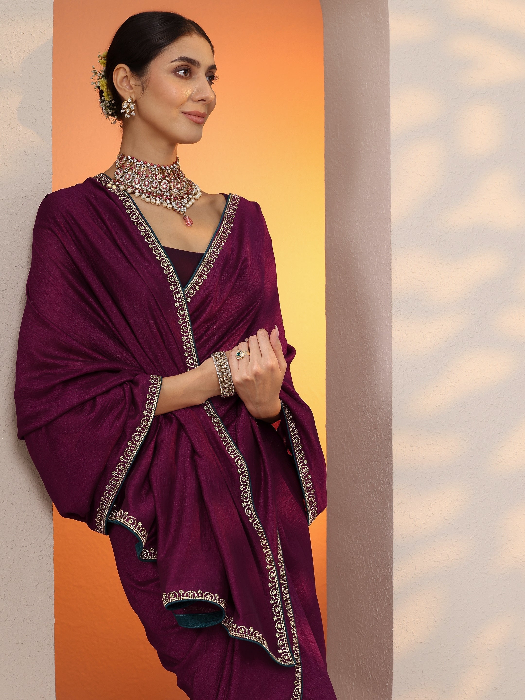 libas Burgundy Solid Silk Blend Saree With Unstitched Blouse Piece-picture-44