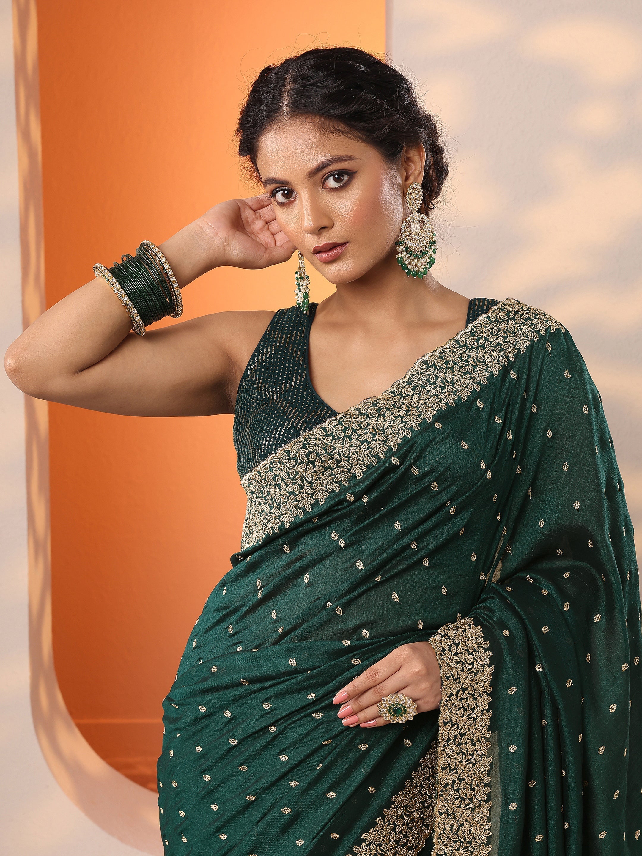 libas Green Embellished Silk Blend Saree With Unstitched Blouse Piece-picture-34