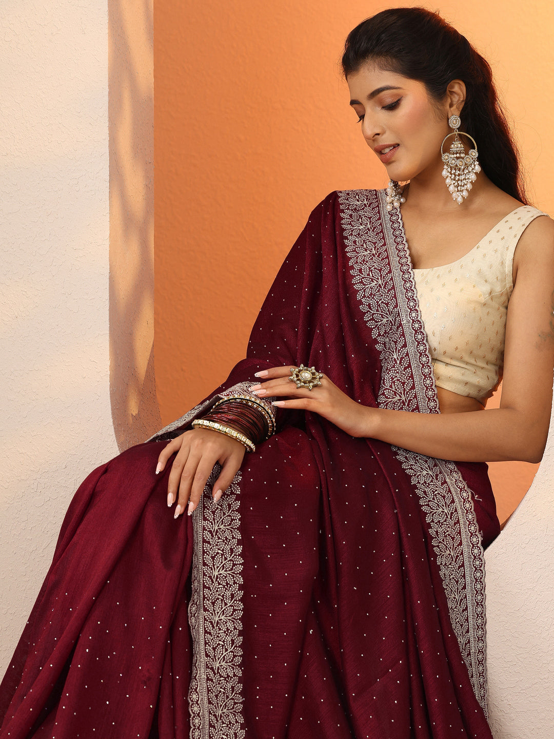 Maroon Embellished Silk Blend Saree With Unstitched Blouse Piece